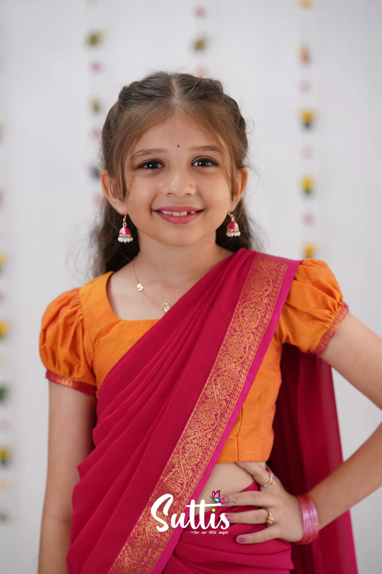 Kumaari Half Saree - Orange &amp; Pink Kids-Suttis