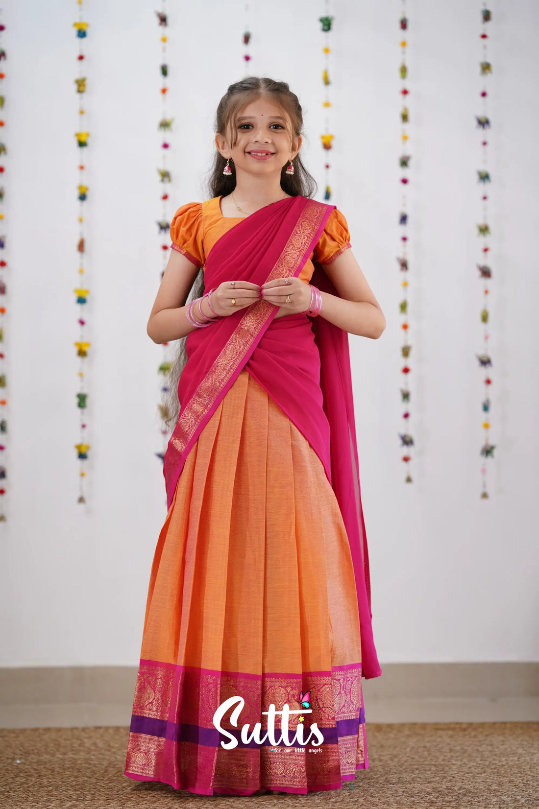 Kumaari Half Saree - Orange &amp; Pink Kids-Suttis