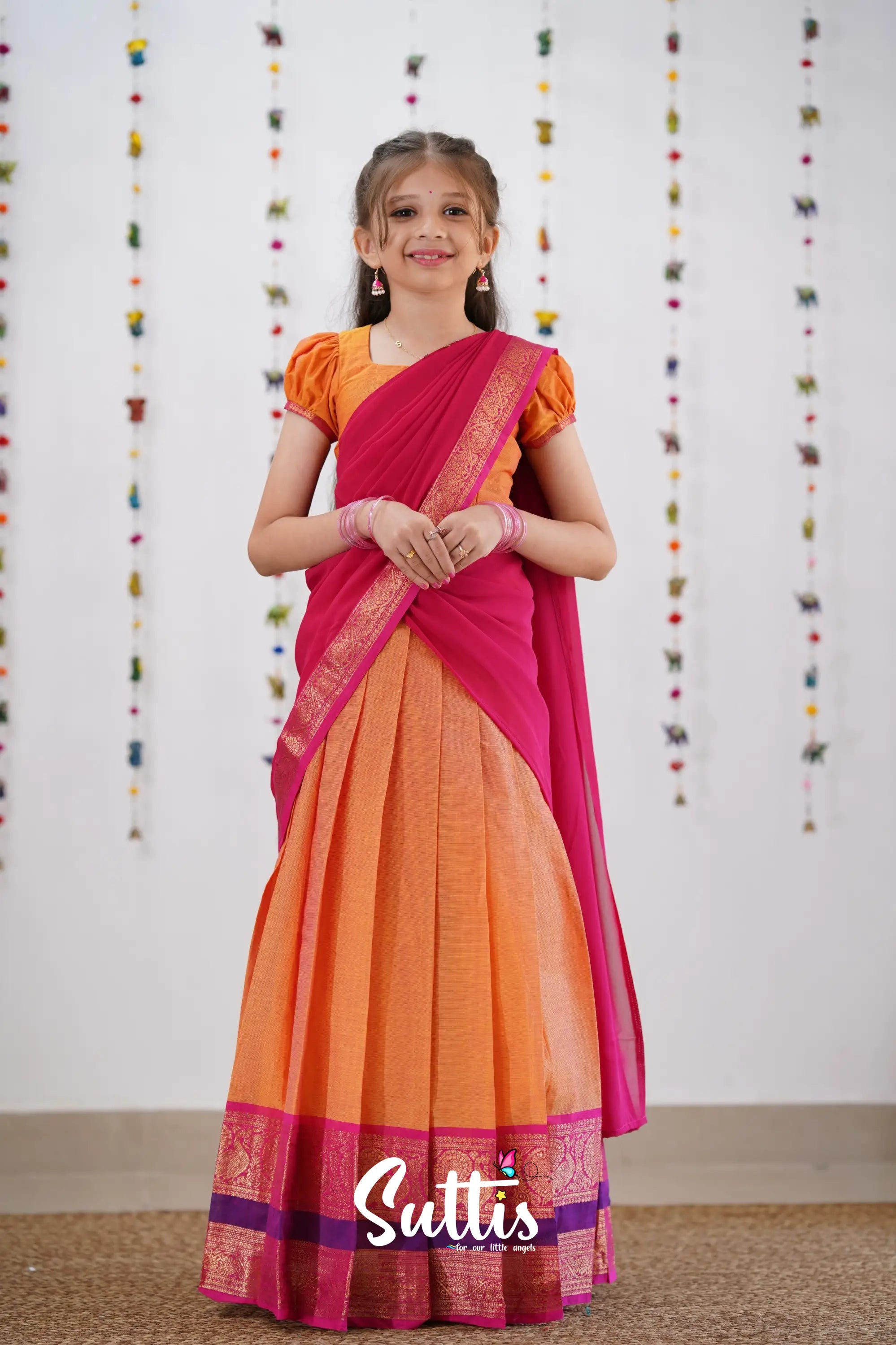 Kumaari Half Saree - Orange &amp; Pink Kids-Suttis