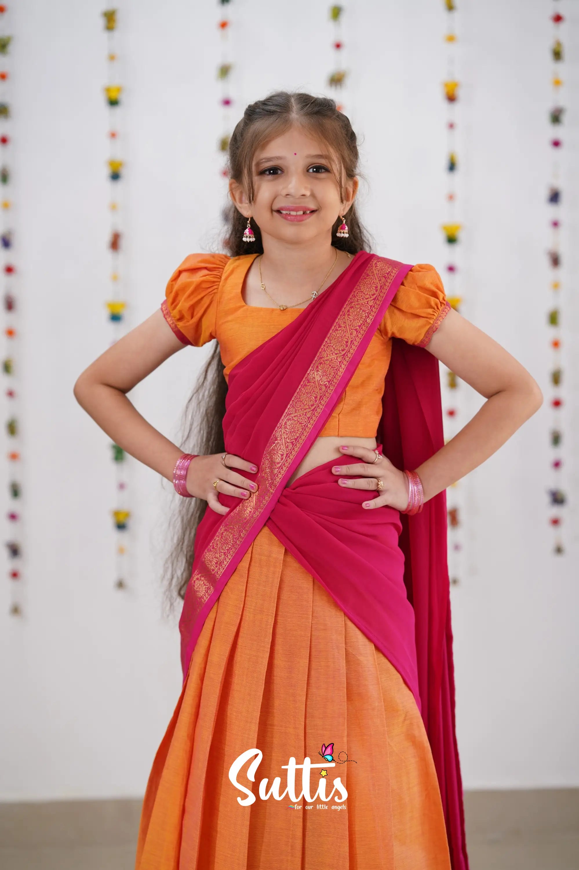 Kumaari Half Saree - Orange &amp; Pink Kids-Suttis