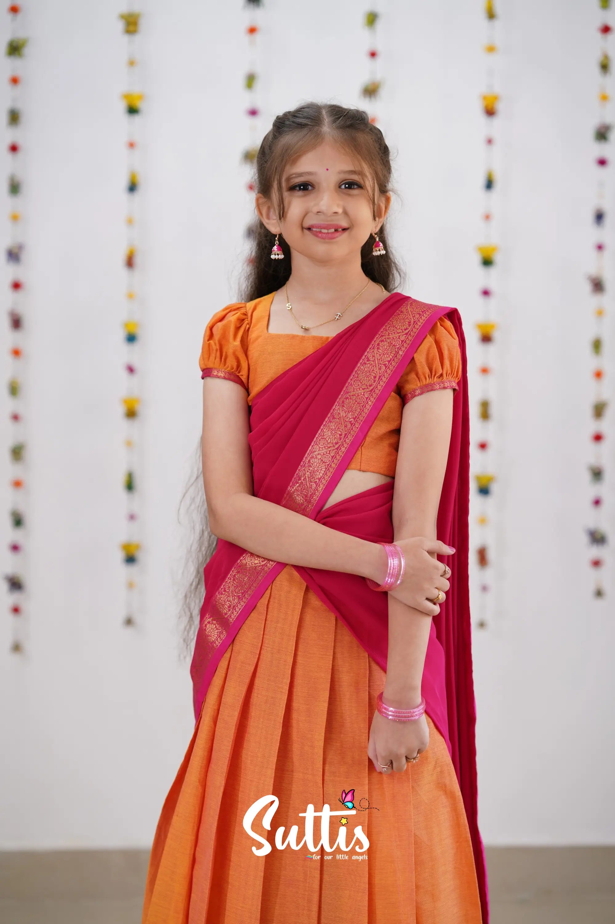 Kumaari Half Saree - Orange &amp; Pink Kids-Suttis