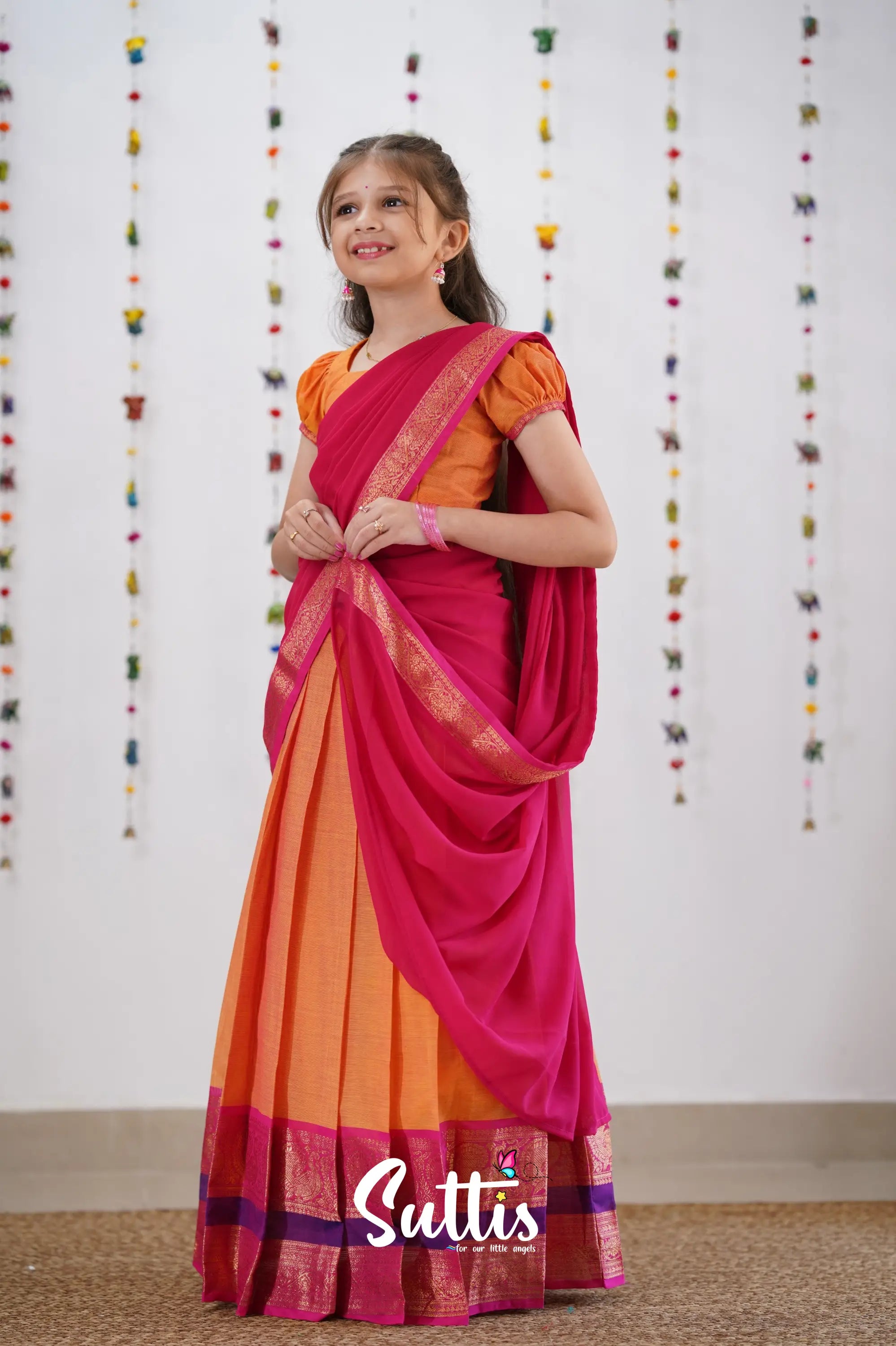 Kumaari Half Saree - Orange &amp; Pink Kids-Suttis