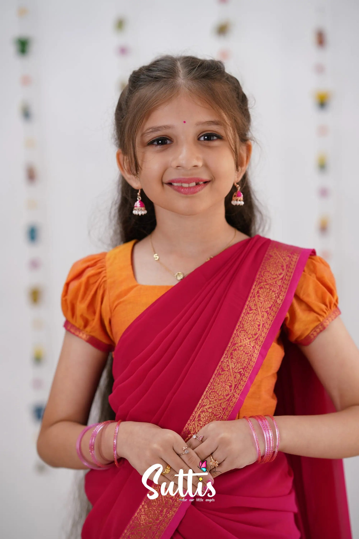 Kumaari Half Saree - Orange &amp; Pink Kids-Suttis