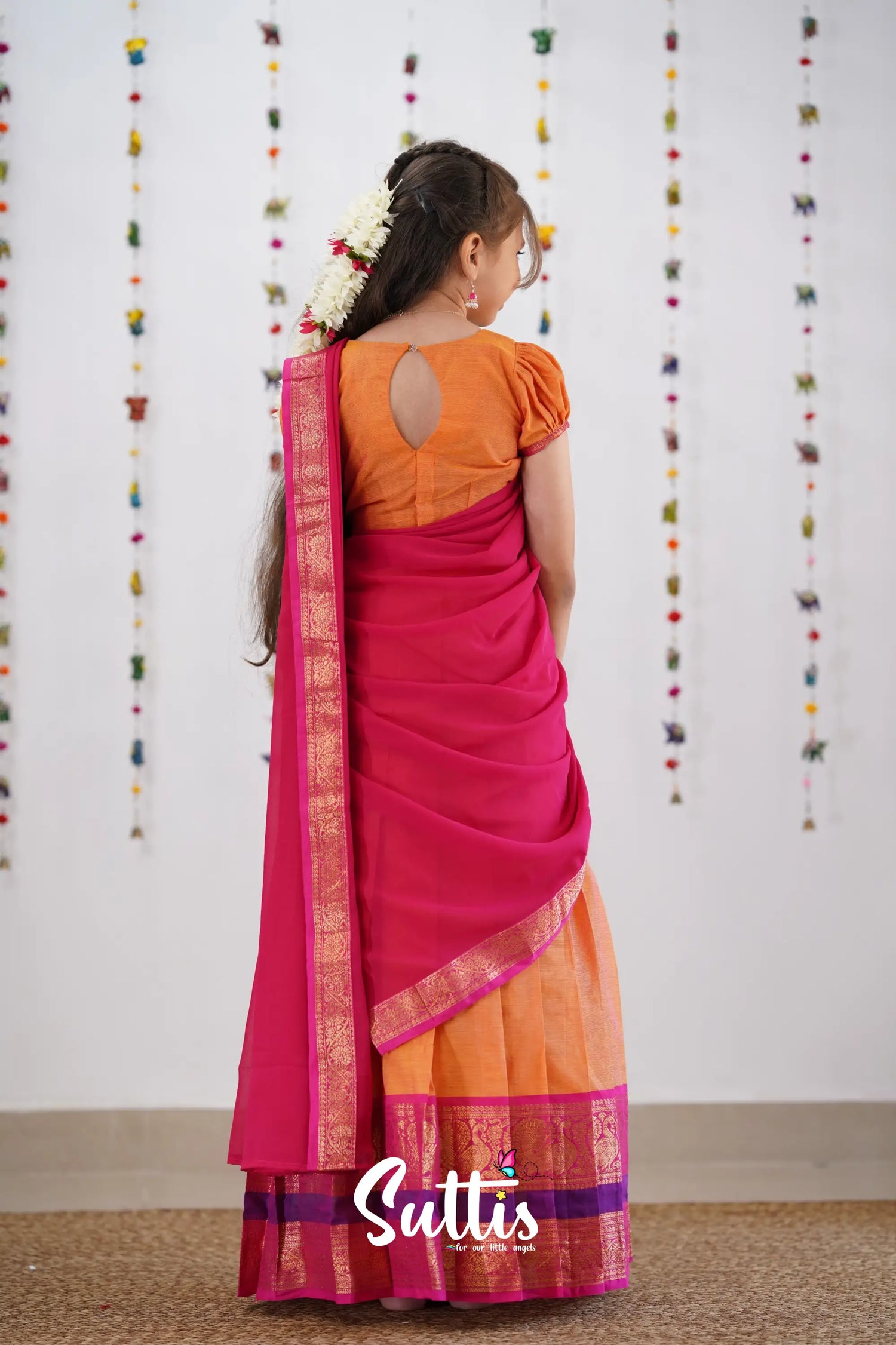 Kumaari Half Saree - Orange &amp; Pink Kids-Suttis