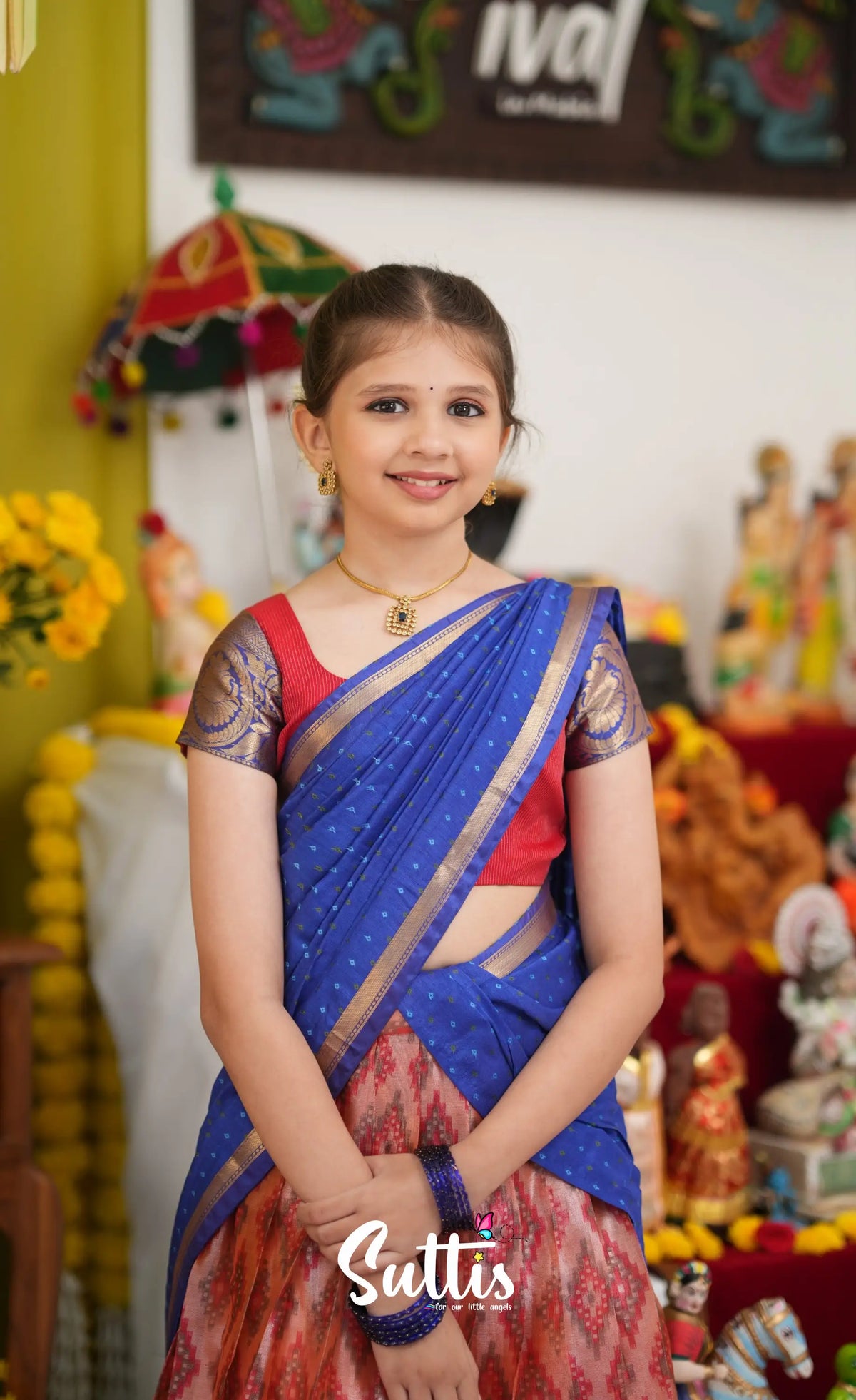 Kumaari Half Saree - Orangish red and Dark blue - Kids-Suttis