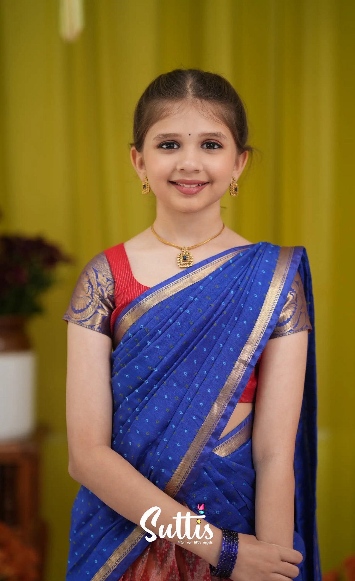 Kumaari Half Saree - Orangish red and Dark blue - Kids-Suttis