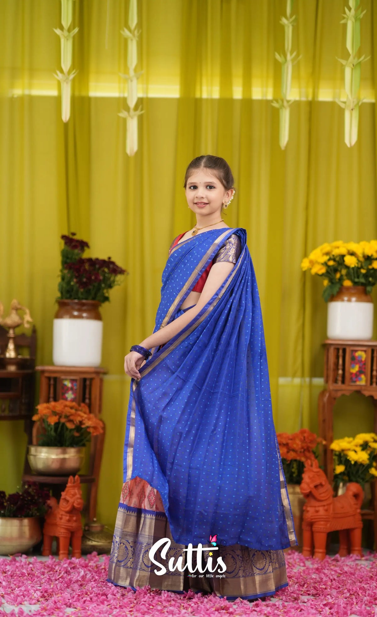 Kumaari Half Saree - Orangish red and Dark blue - Kids-Suttis