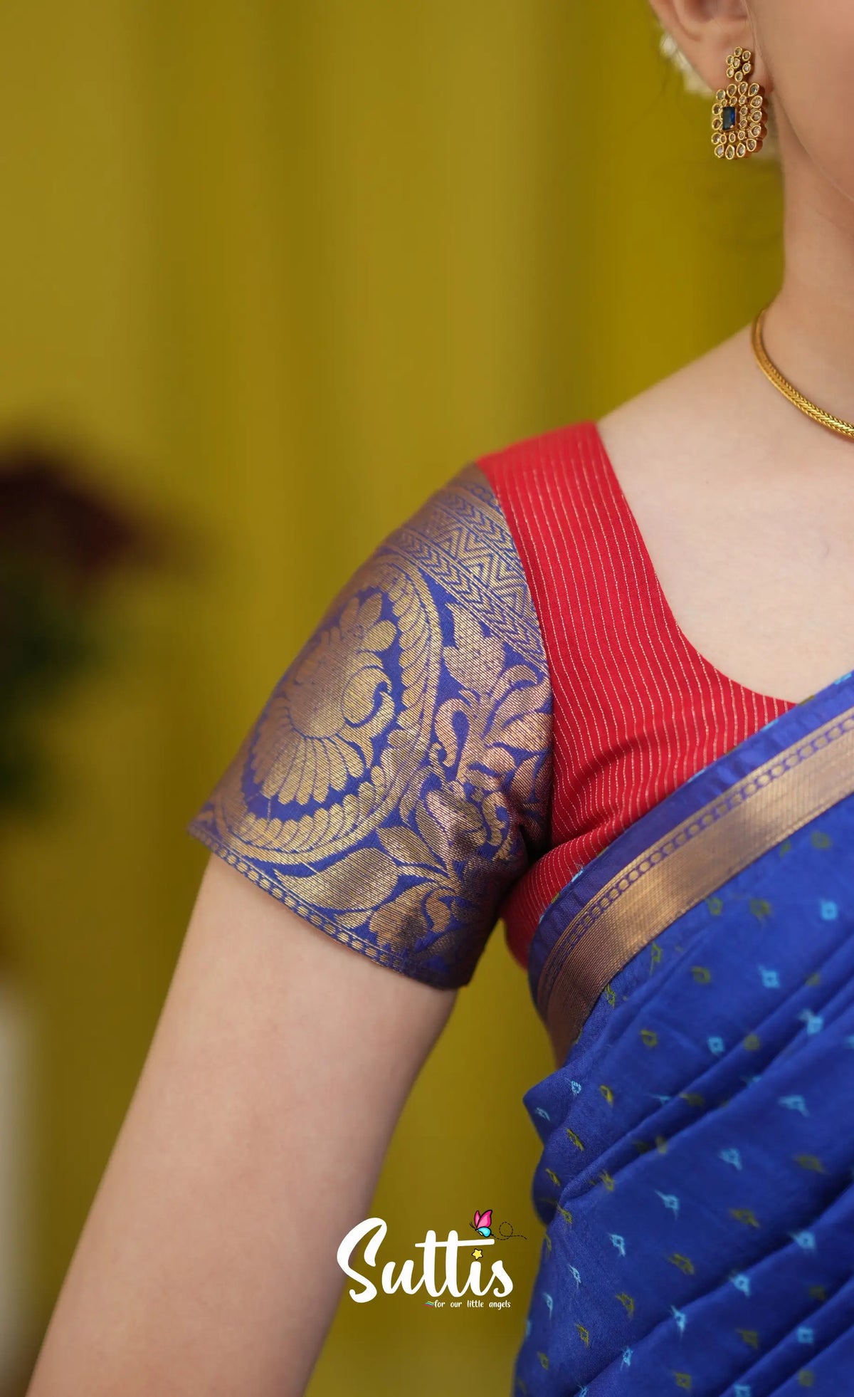 Kumaari Half Saree - Orangish red and Dark blue - Kids-Suttis