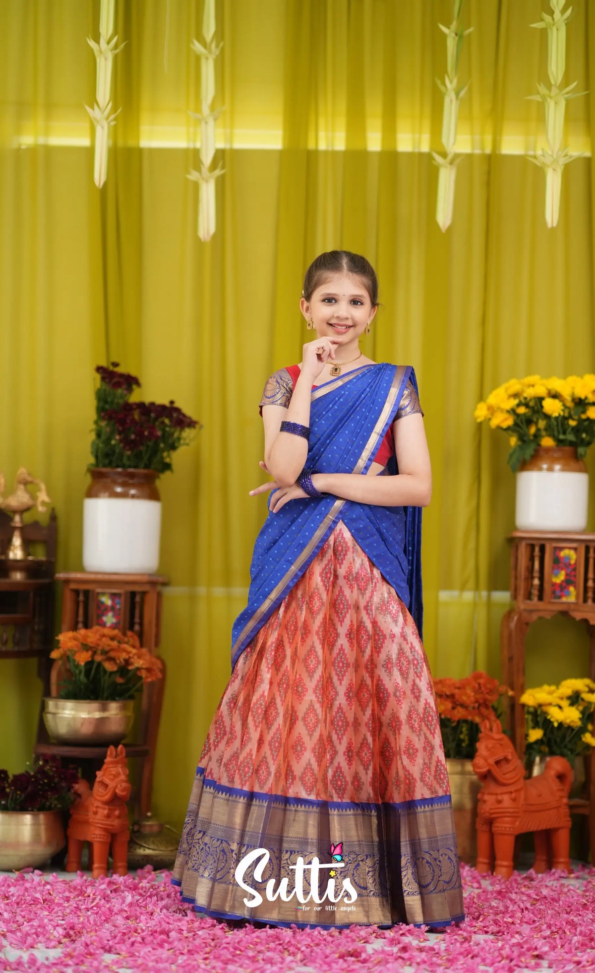 Kumaari Half Saree - Orangish red and Dark blue - Kids-Suttis