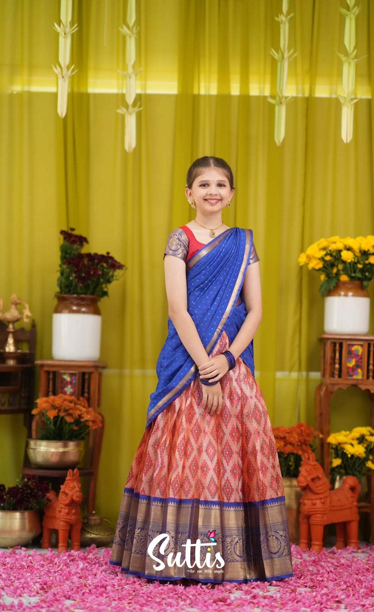 Kumaari Half Saree - Orangish red and Dark blue - Kids-Suttis