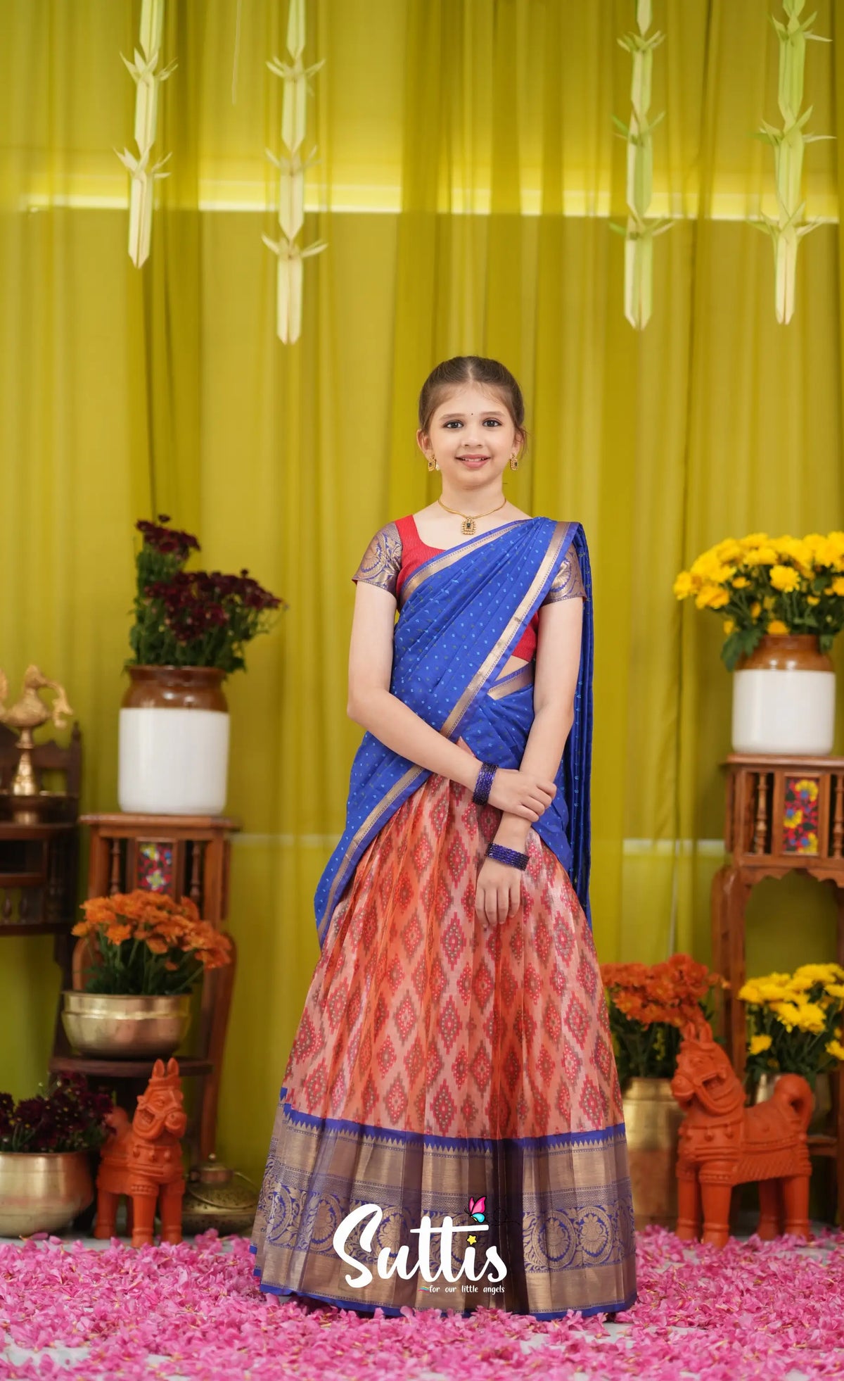 Kumaari Half Saree - Orangish red and Dark blue - Kids-Suttis