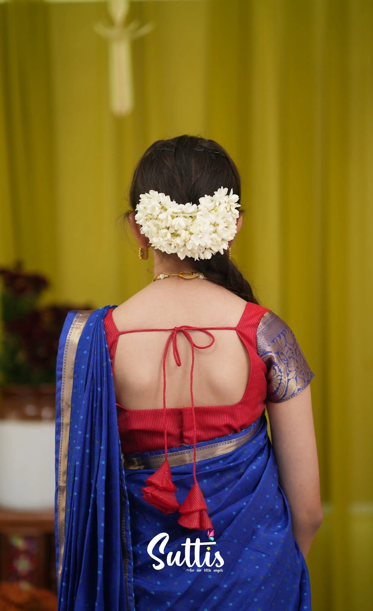 Kumaari Half Saree - Orangish red and Dark blue - Kids-Suttis