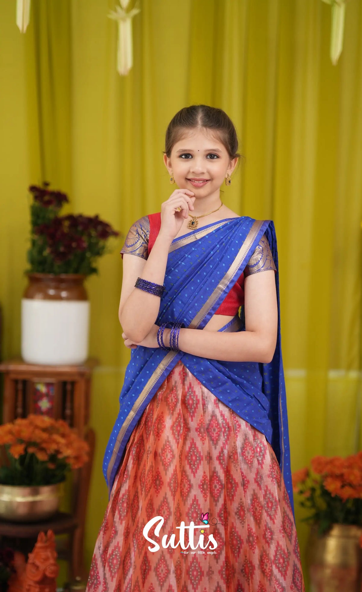 Kumaari Half Saree - Orangish red and Dark blue - Kids-Suttis