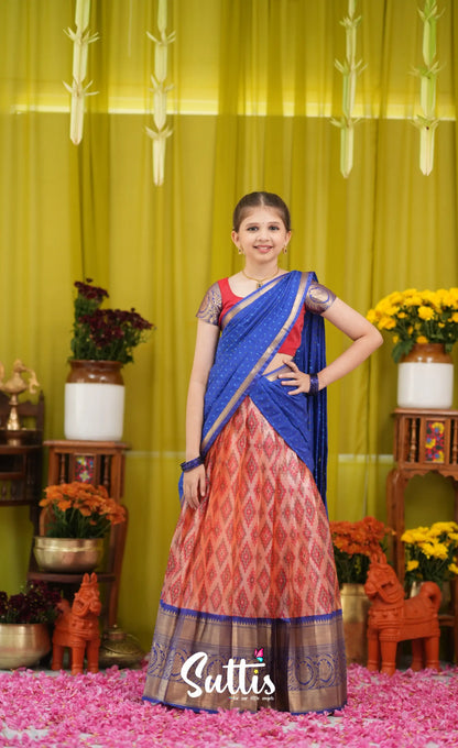 Kumaari Half Saree - Orangish red and Dark blue - Kids-Suttis
