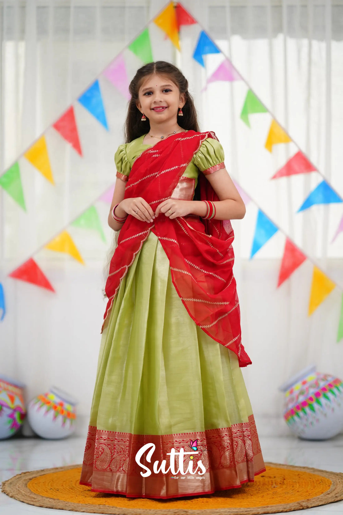 Kumaari Half Saree - Pastel Green And Red Kids-Suttis
