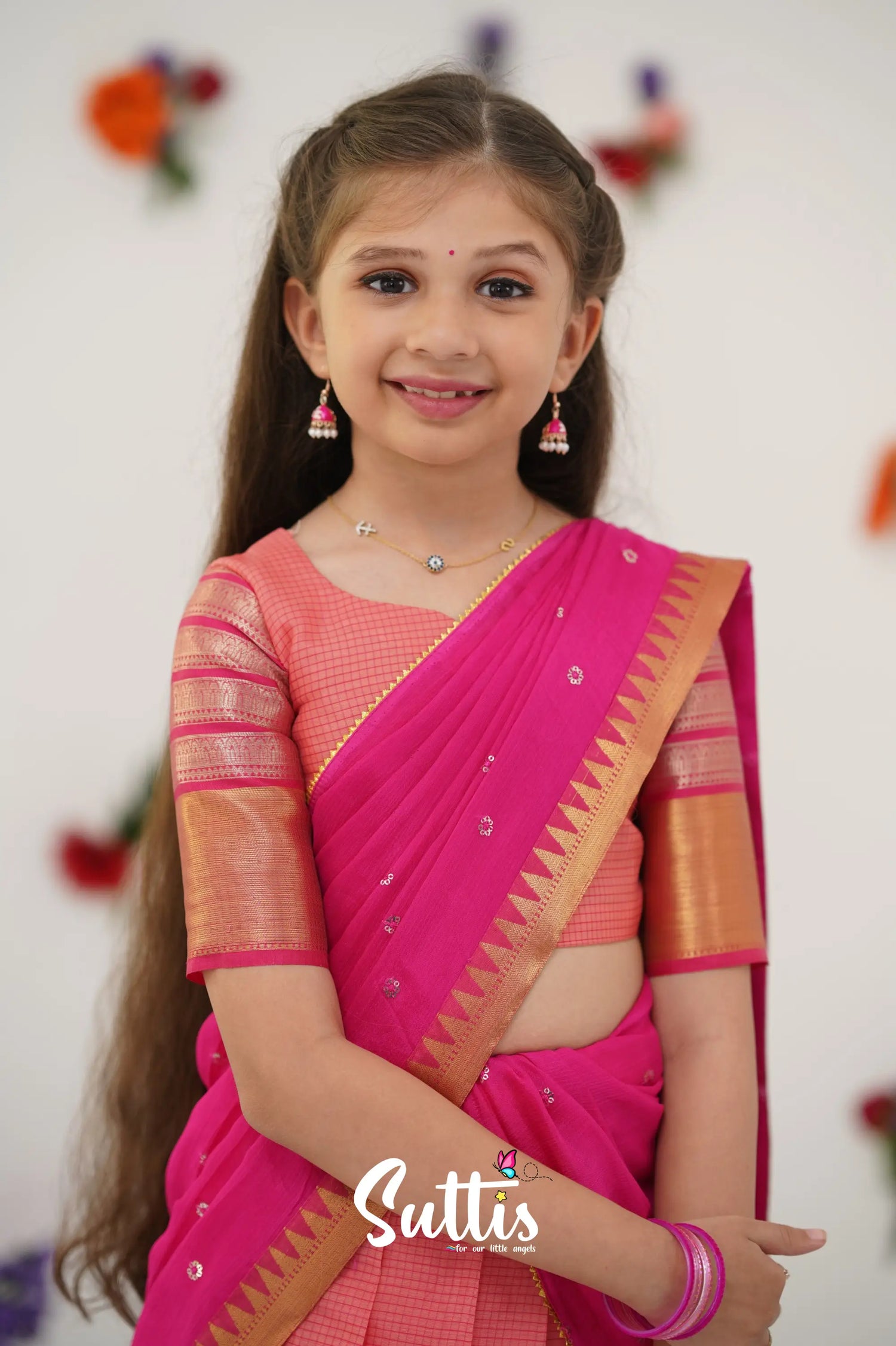 Kumaari Half Saree - Peach And Dark Pink Kids - Suttis