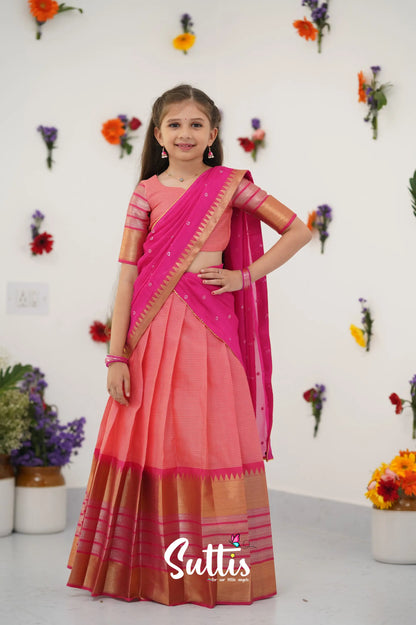 Kumaari Half Saree - Peach And Dark Pink Kids - Suttis