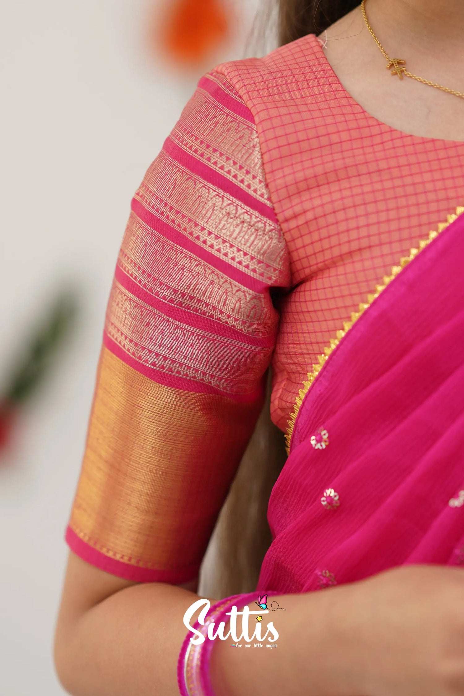 Kumaari Half Saree - Peach And Dark Pink Kids - Suttis