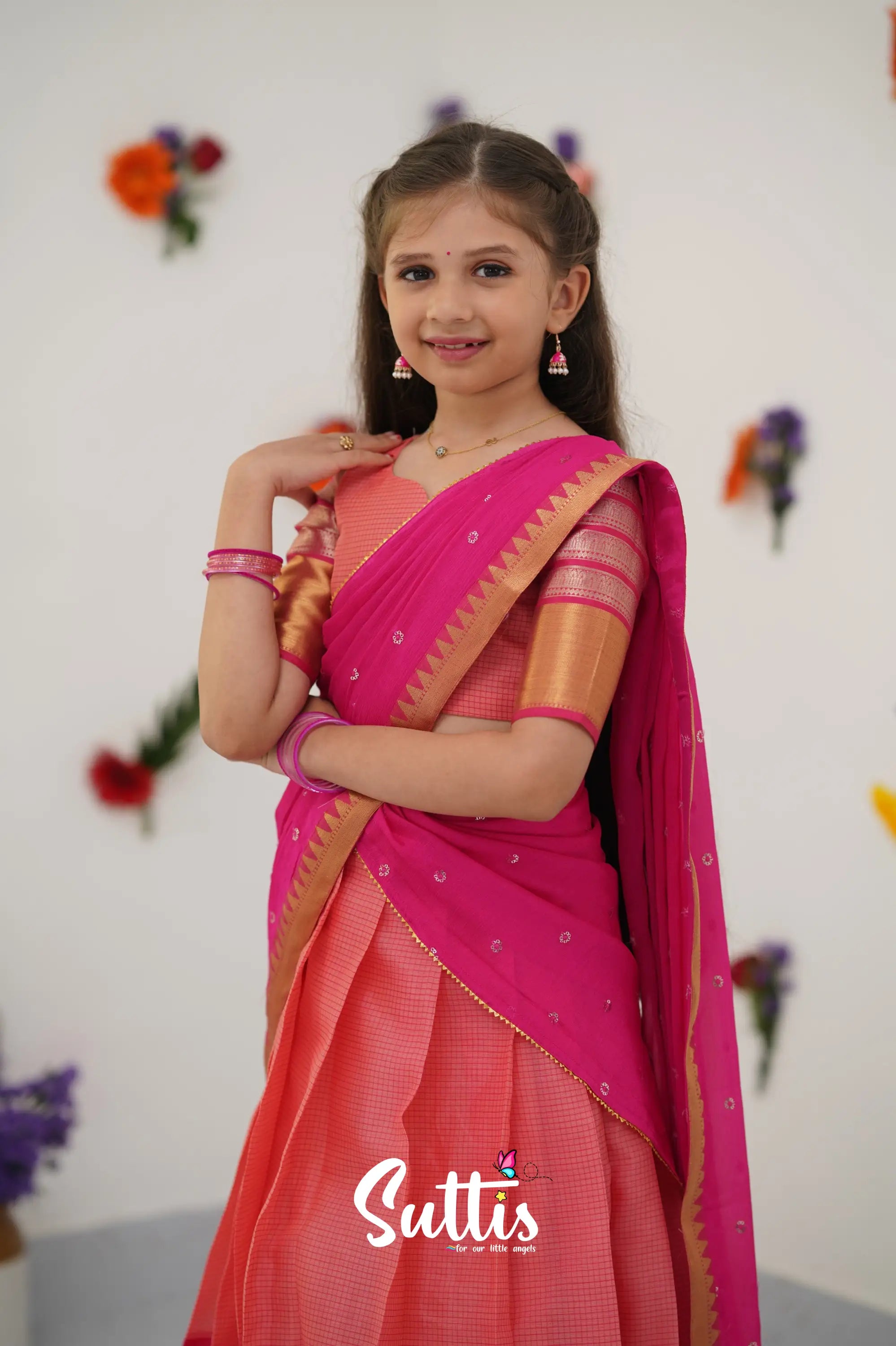 Kumaari Half Saree - Peach And Dark Pink Kids - Suttis