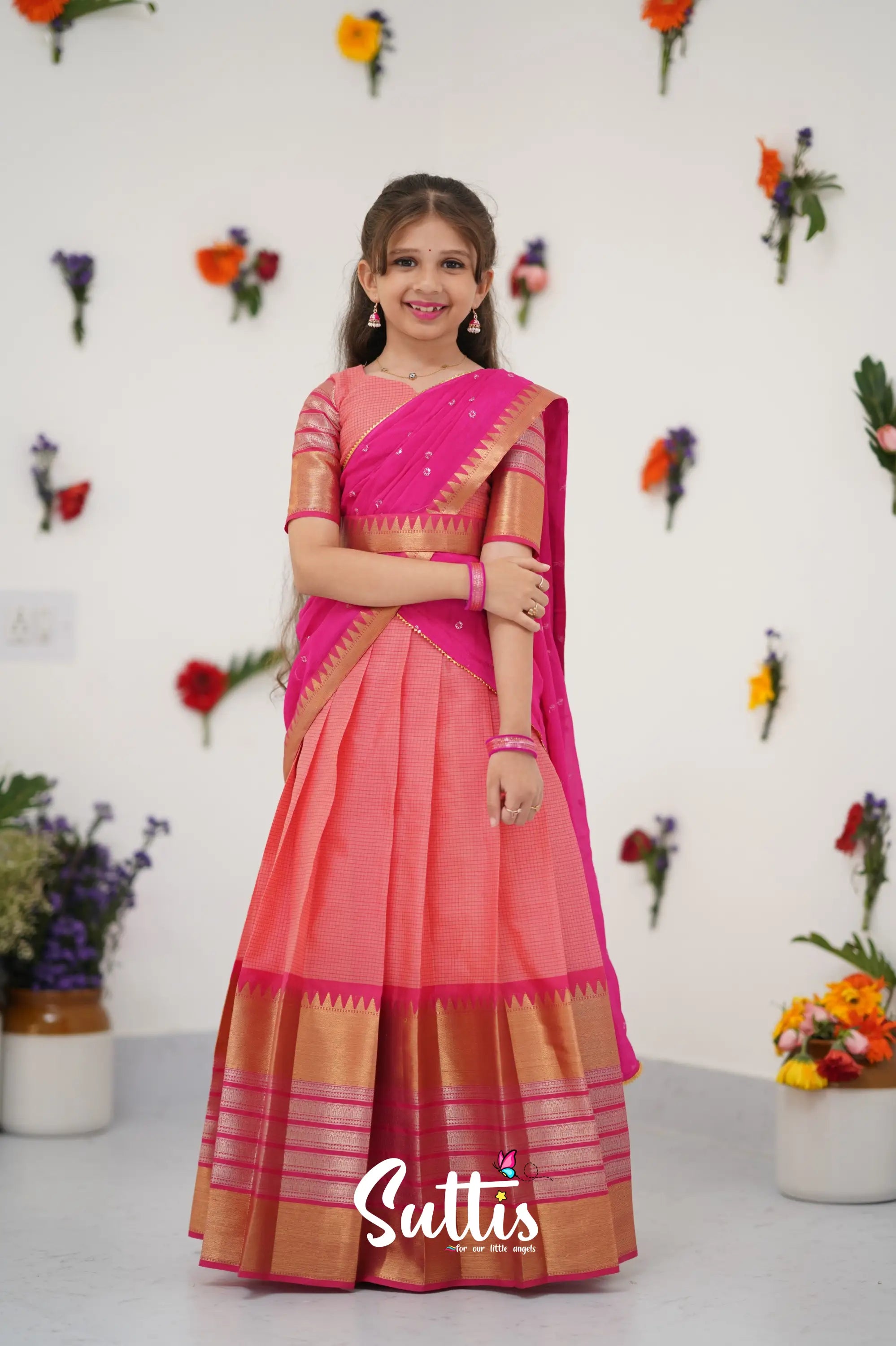 Kumaari Half Saree - Peach And Dark Pink Kids - Suttis