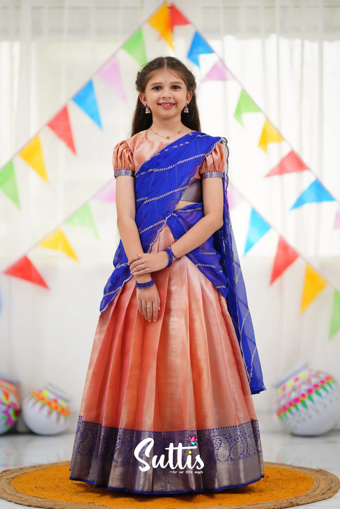 Kumaari Half Saree - Peach And Royal Blue Kids-Suttis