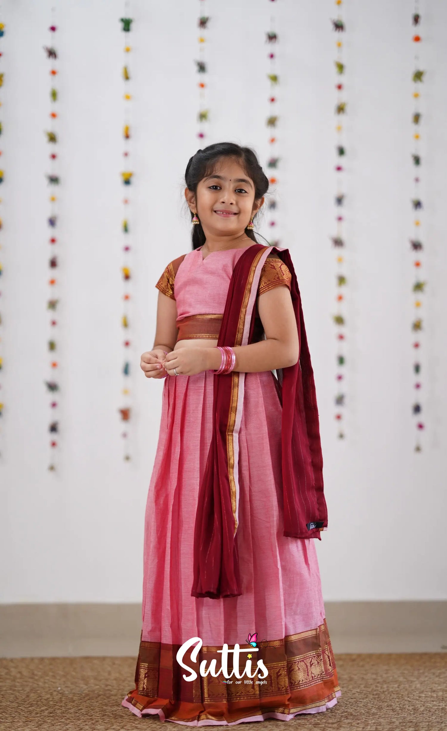 Kumaari Half Saree -Pink &amp; Reddish Maroon Kids-Suttis