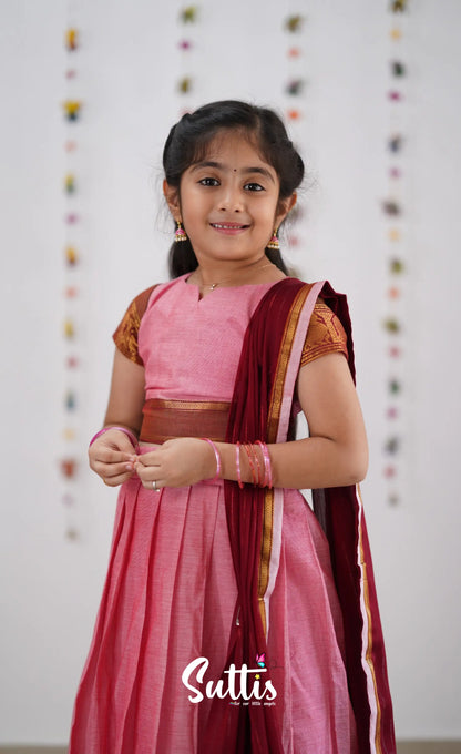 Kumaari Half Saree -Pink &amp; Reddish Maroon Kids-Suttis