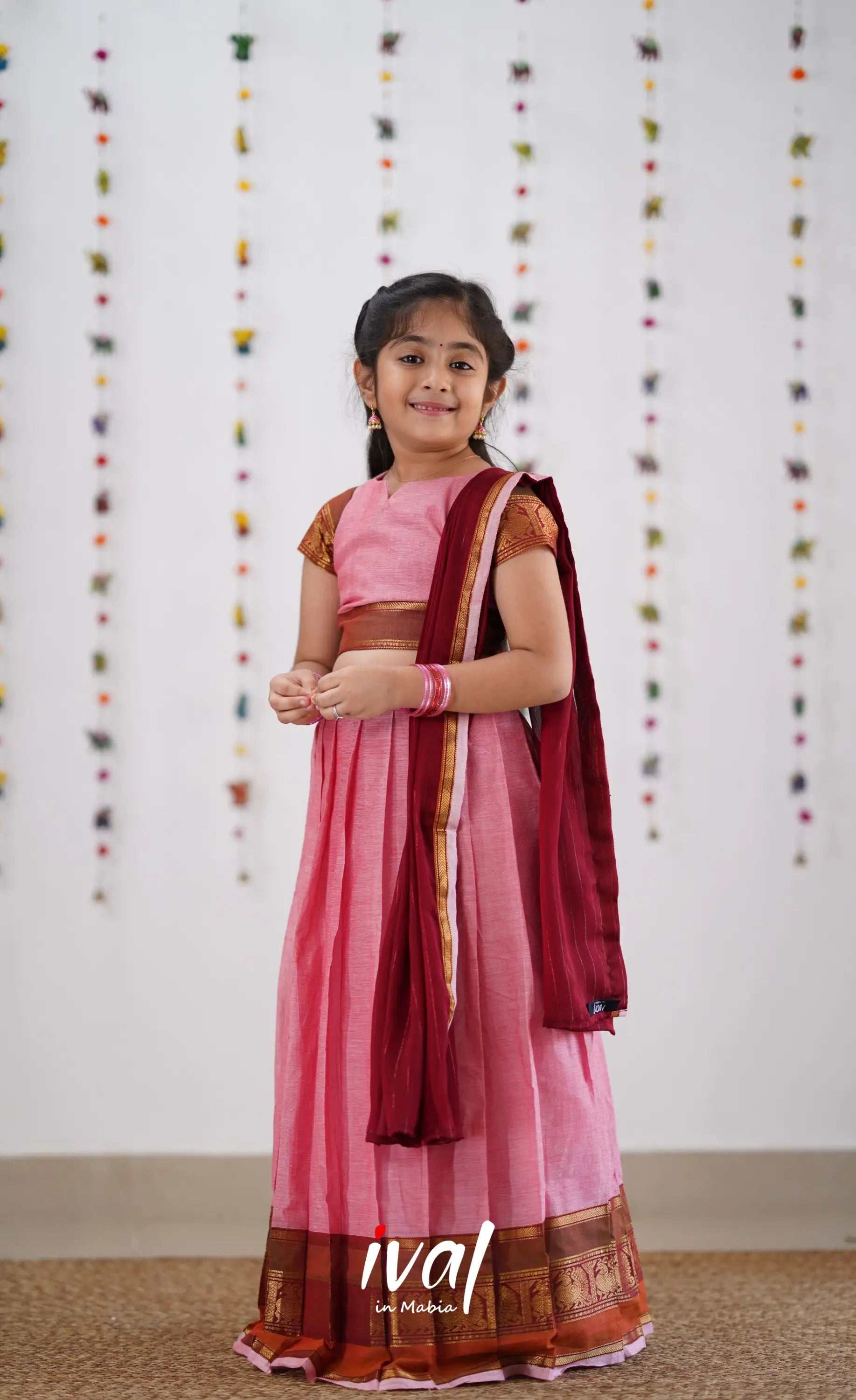 Kumaari Half Saree -Pink &amp; Reddish Maroon Kids-Suttis