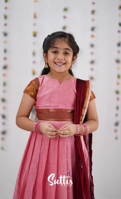 Kumaari Half Saree -Pink &amp; Reddish Maroon Kids-Suttis