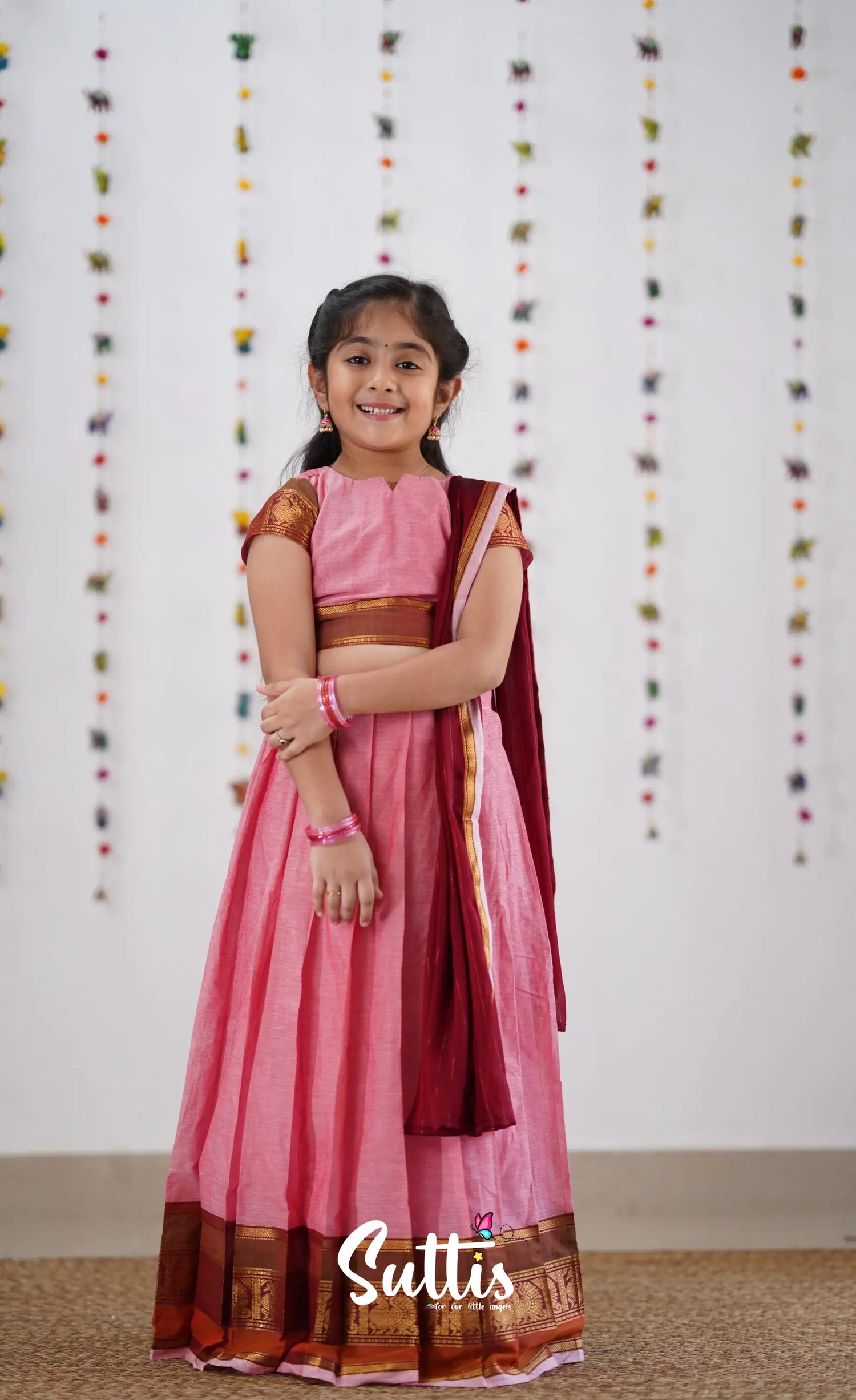 Kumaari Half Saree -Pink &amp; Reddish Maroon Kids-Suttis