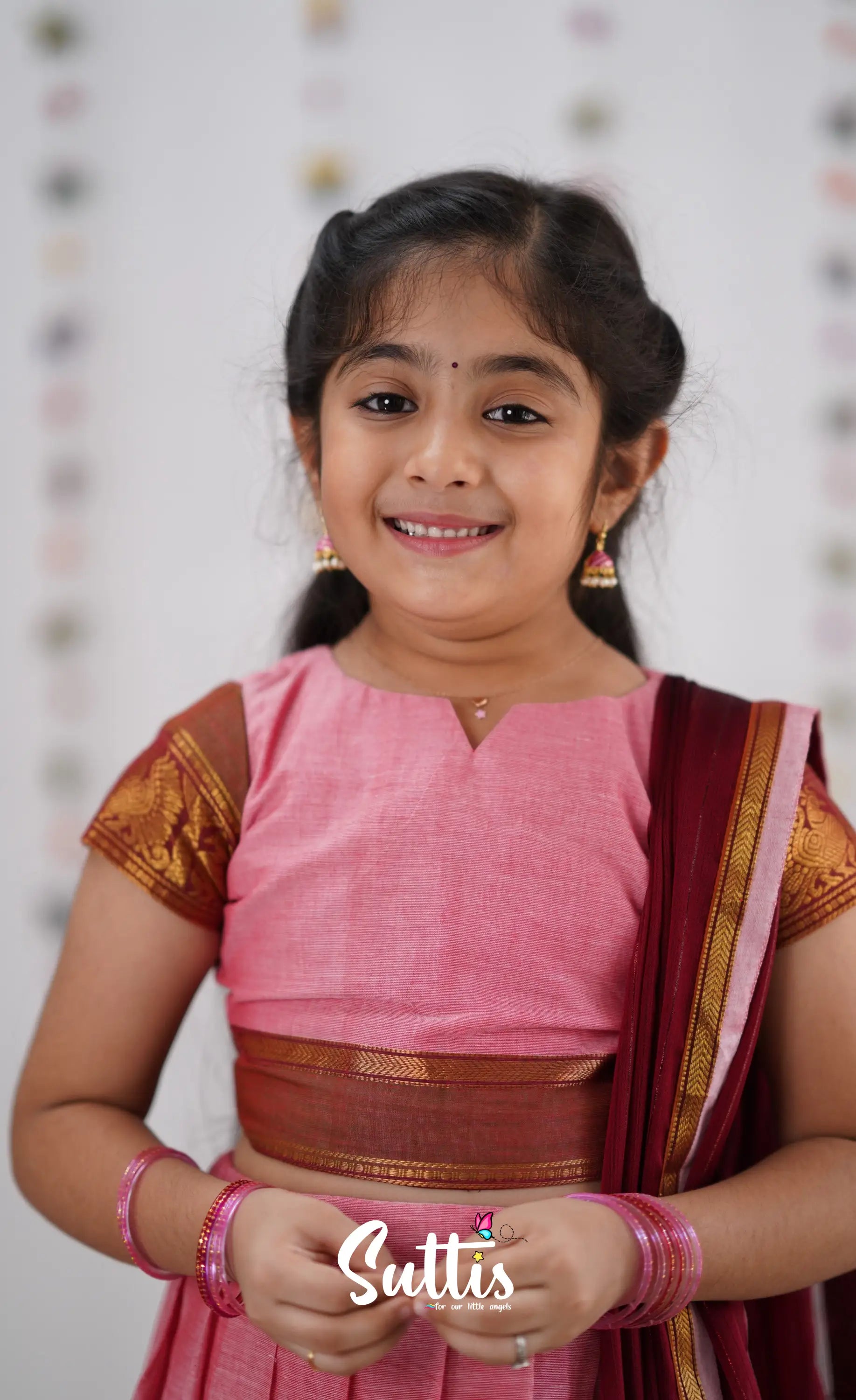 Kumaari Half Saree -Pink &amp; Reddish Maroon Kids-Suttis