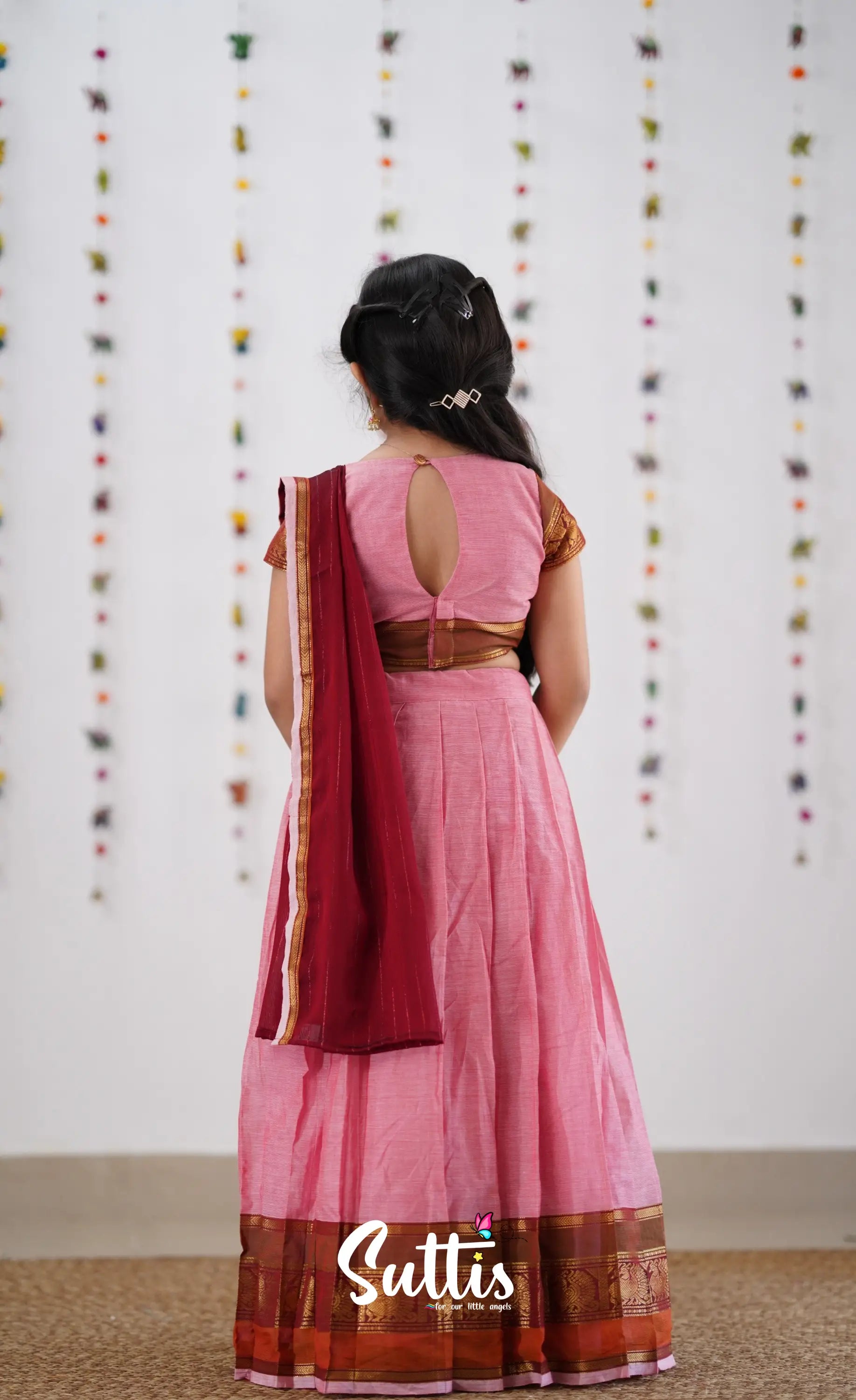 Kumaari Half Saree -Pink &amp; Reddish Maroon Kids-Suttis