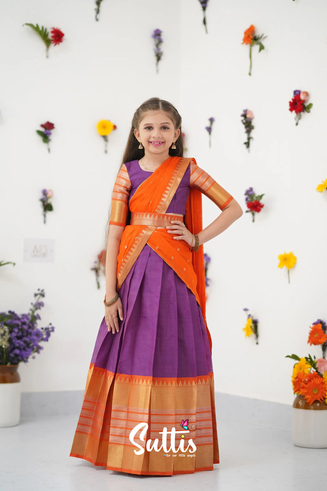 Kumaari Half Saree - Purple And Orange Kids - Suttis