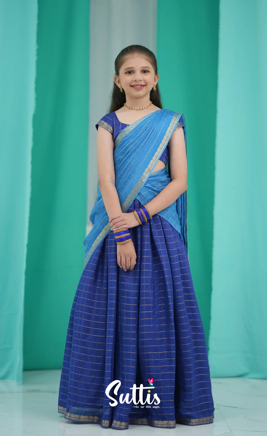 Kumaari Half Saree - Royal Blue and Light Blue Kids-Suttis