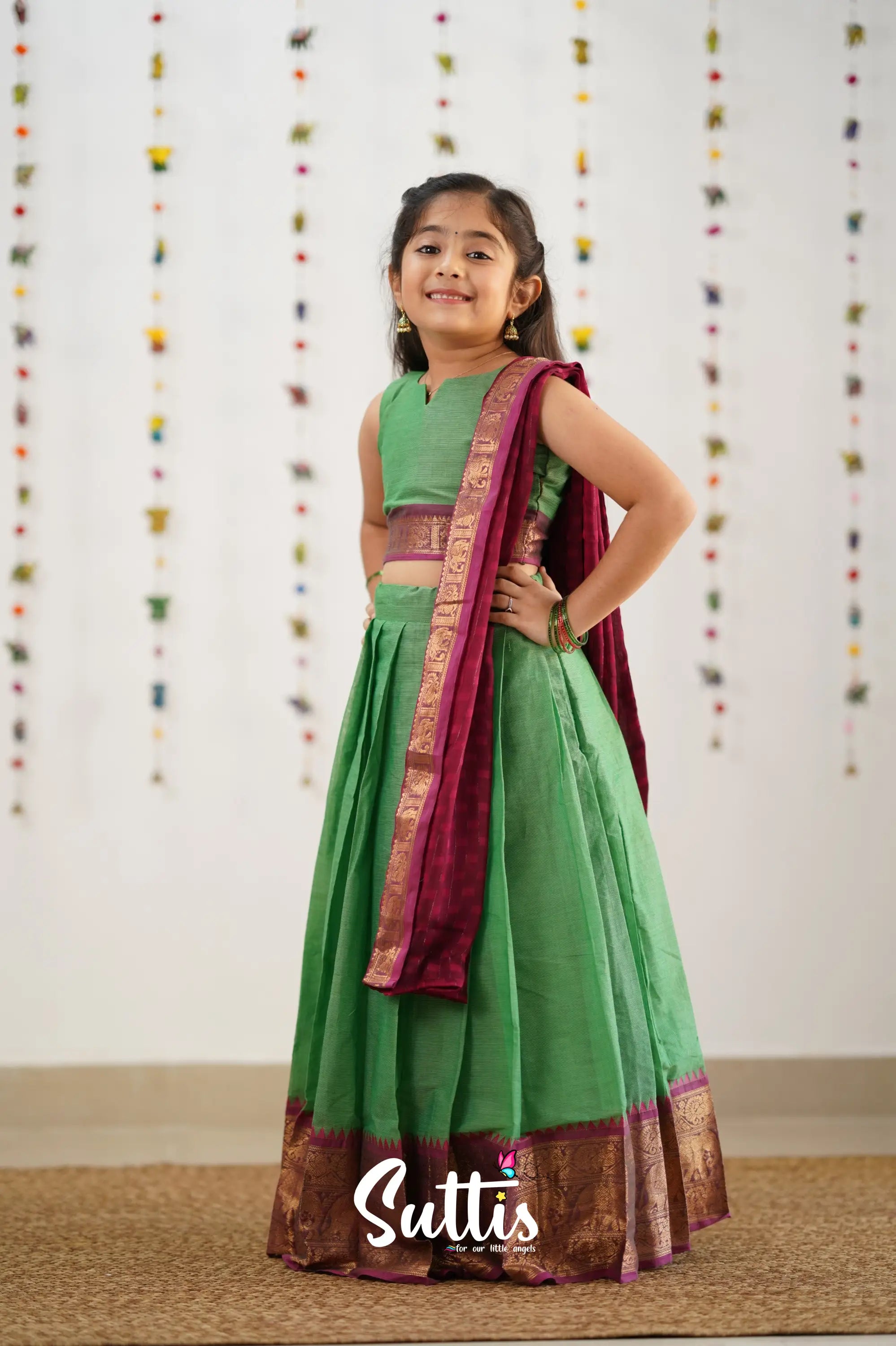 Kumaari Half Saree - Sea Green Kids-Suttis