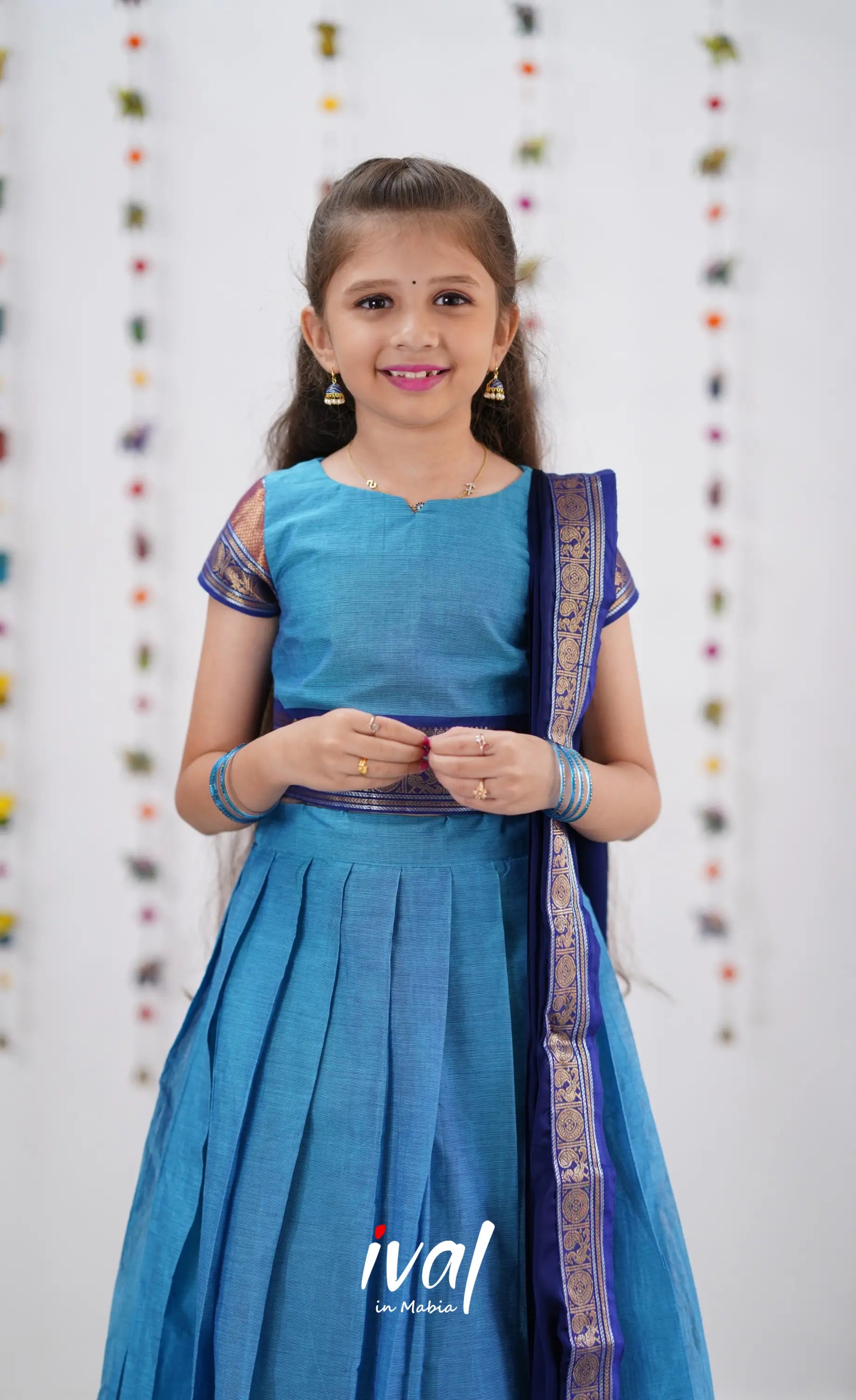 Kumaari Half Saree - Sky Blue &amp; Dark Kids-Suttis