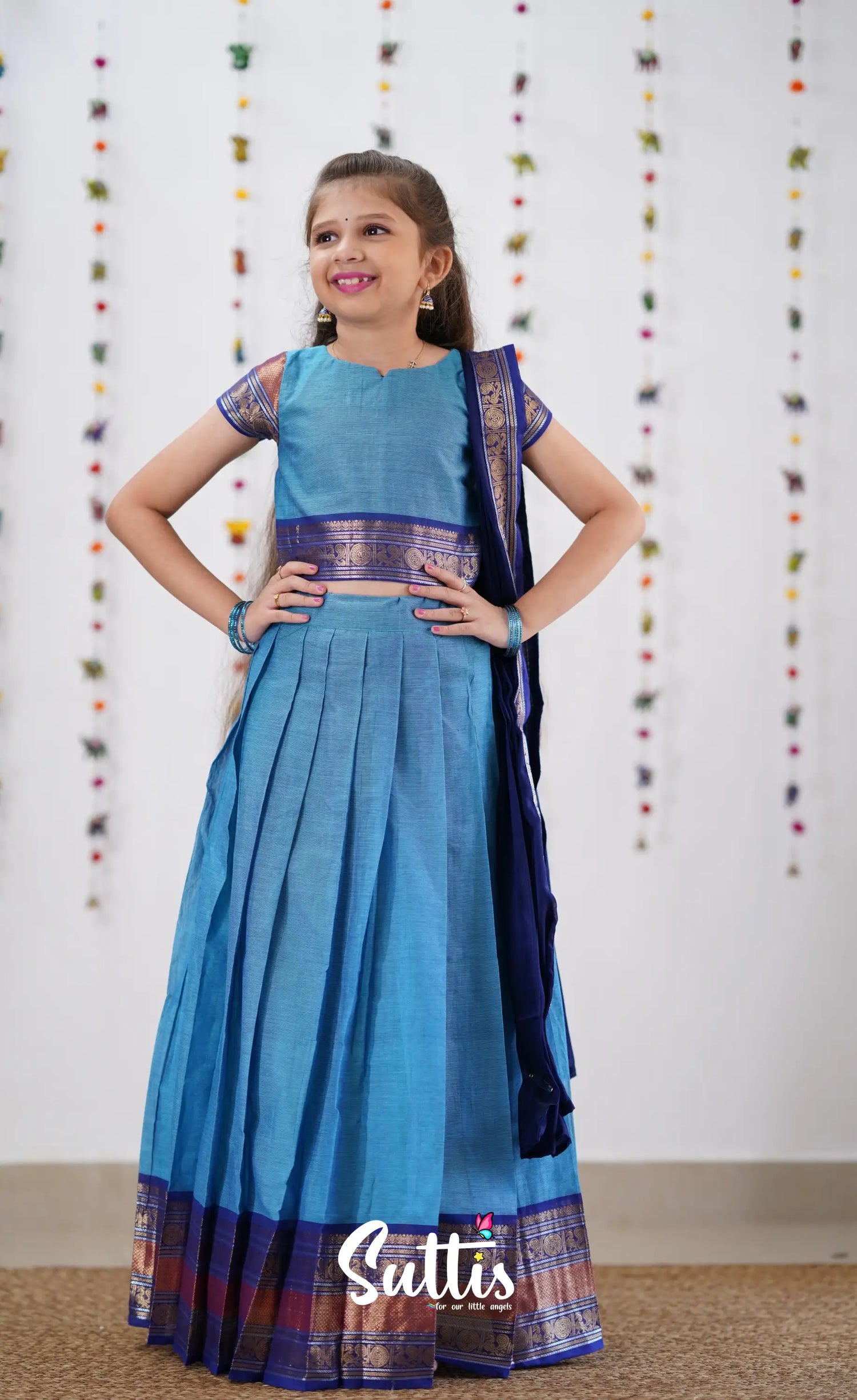 Kumaari Half Saree - Sky Blue &amp; Dark Kids-Suttis