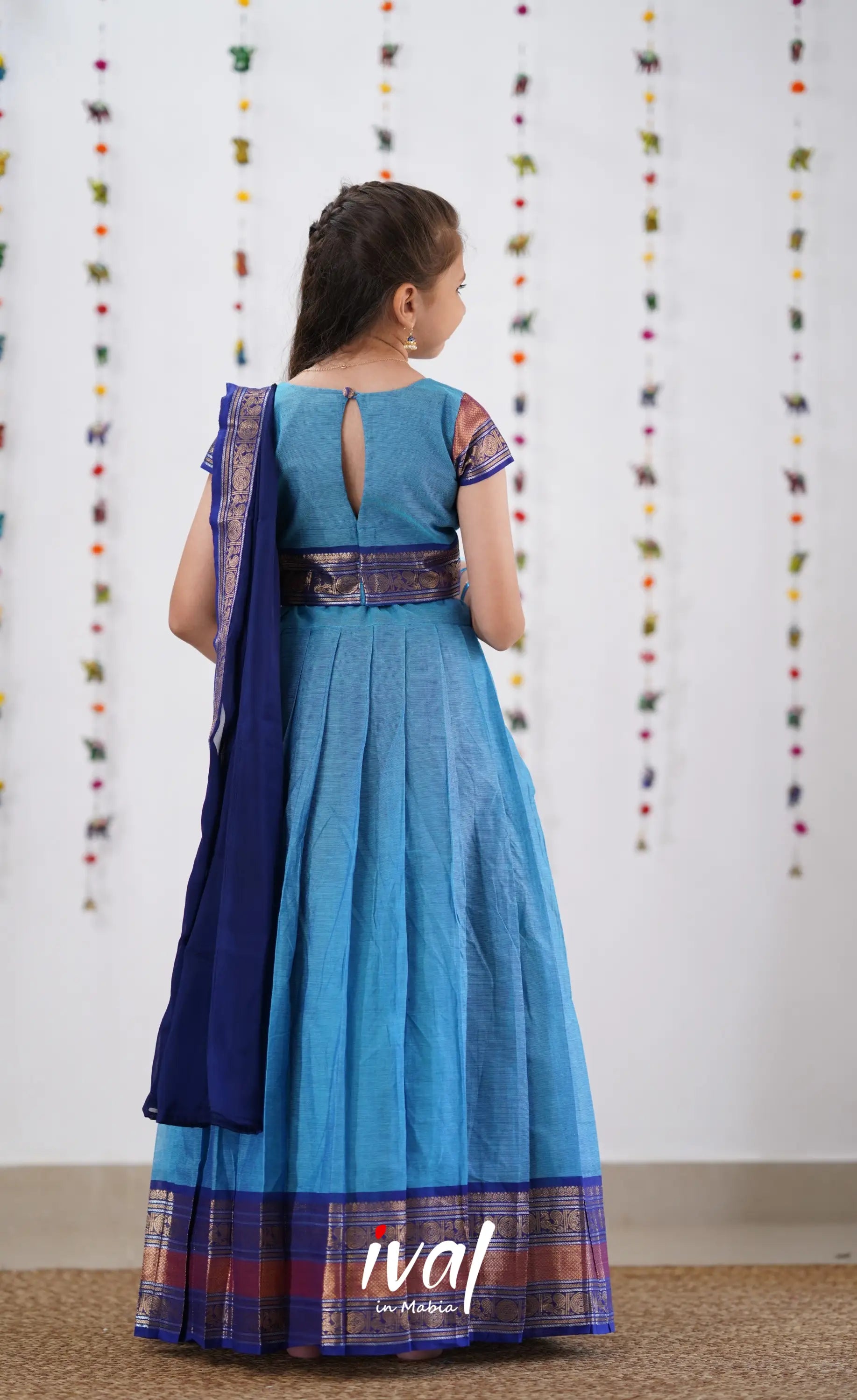 Kumaari Half Saree - Sky Blue &amp; Dark Kids-Suttis