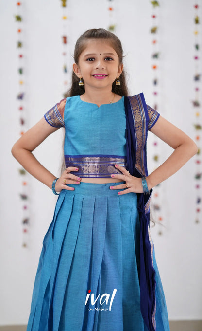 Kumaari Half Saree - Sky Blue &amp; Dark Kids-Suttis