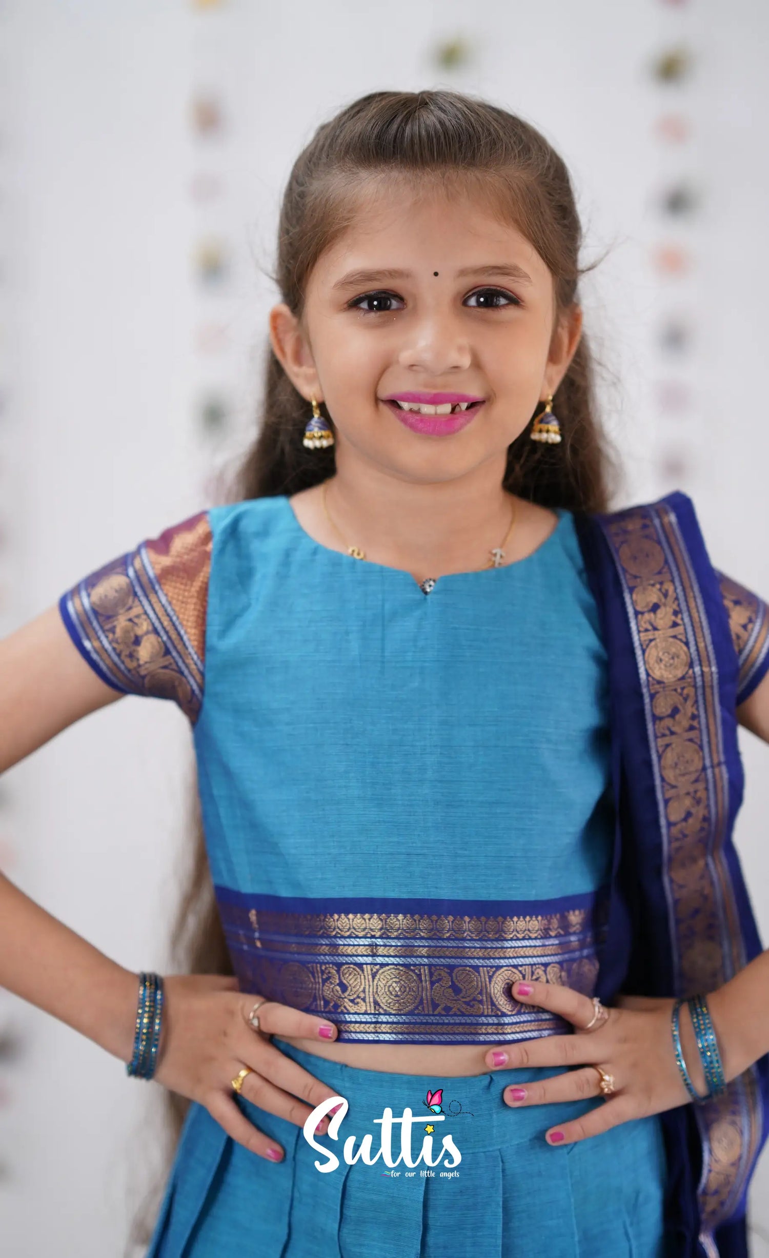 Kumaari Half Saree - Sky Blue &amp; Dark Kids-Suttis