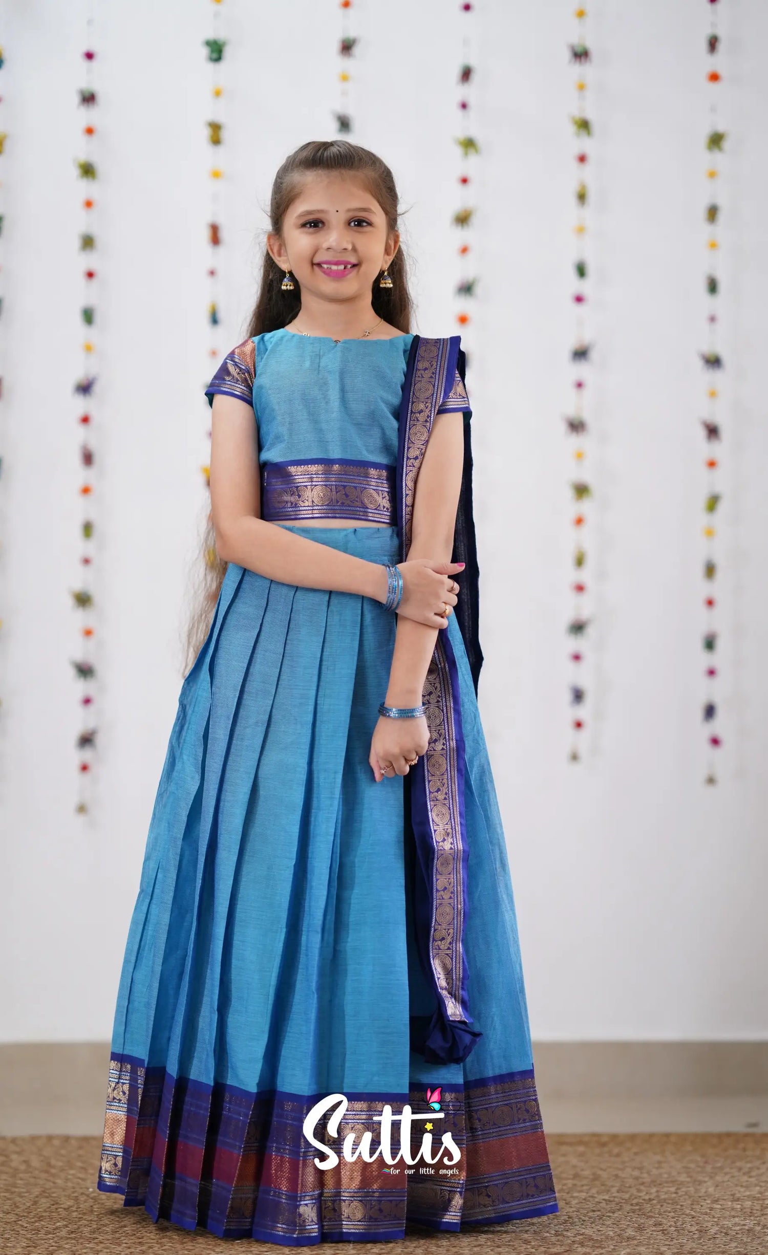 Kumaari Half Saree - Sky Blue &amp; Dark Kids-Suttis