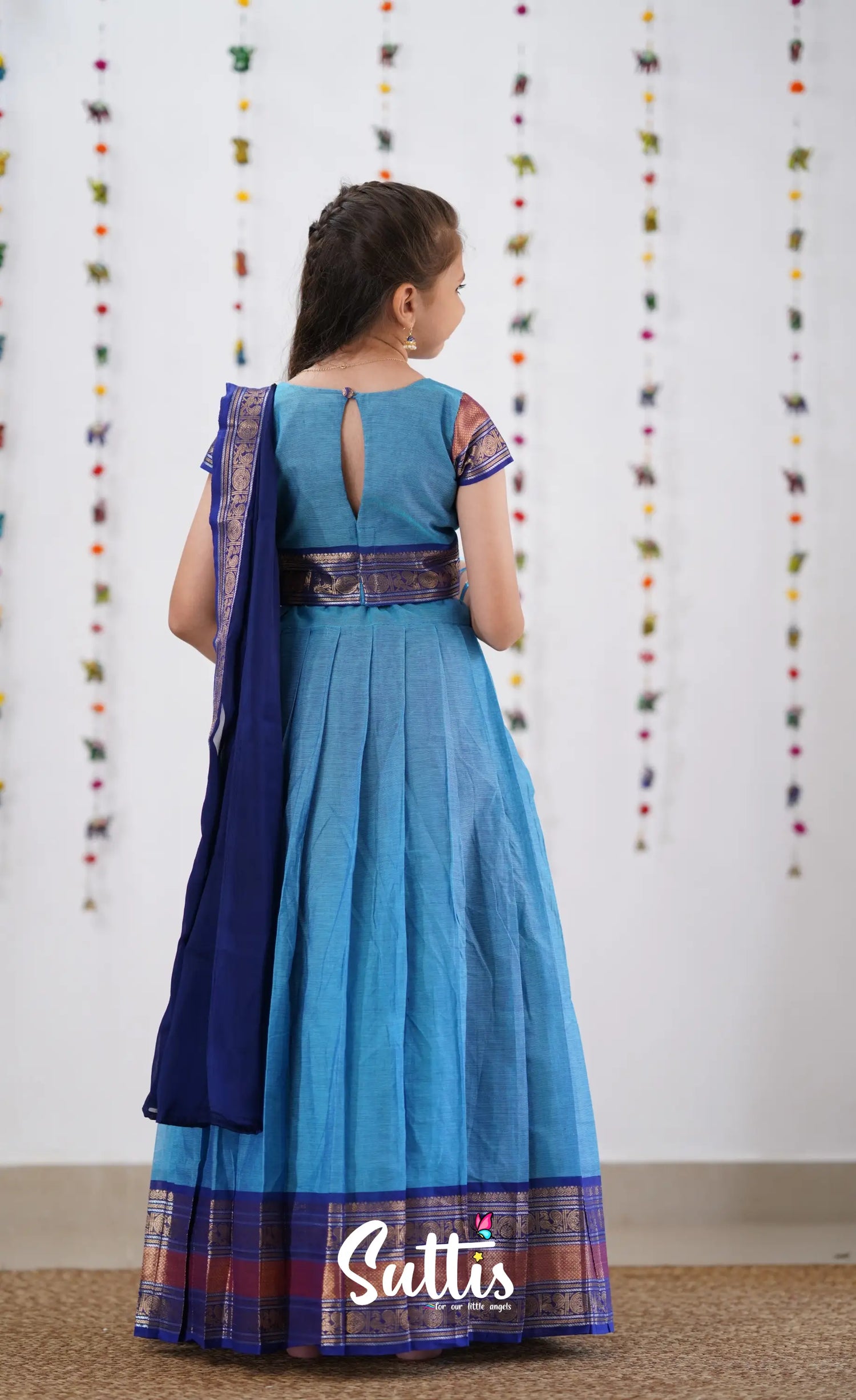 Kumaari Half Saree - Sky Blue &amp; Dark Kids-Suttis