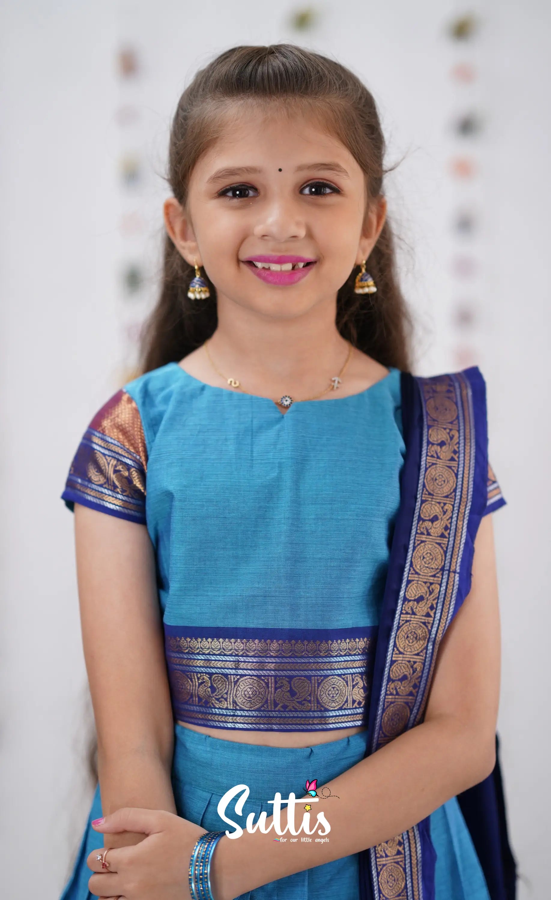 Kumaari Half Saree - Sky Blue &amp; Dark Kids-Suttis