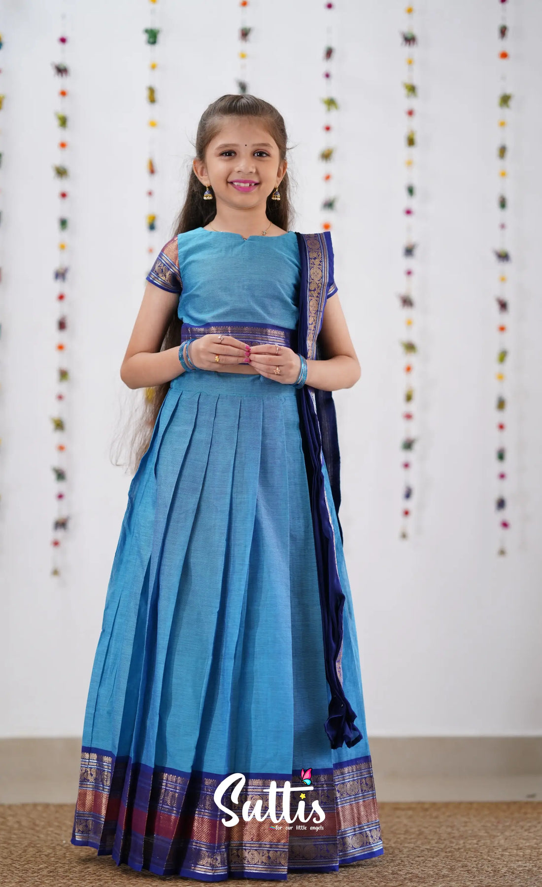 Kumaari Half Saree - Sky Blue &amp; Dark Kids-Suttis