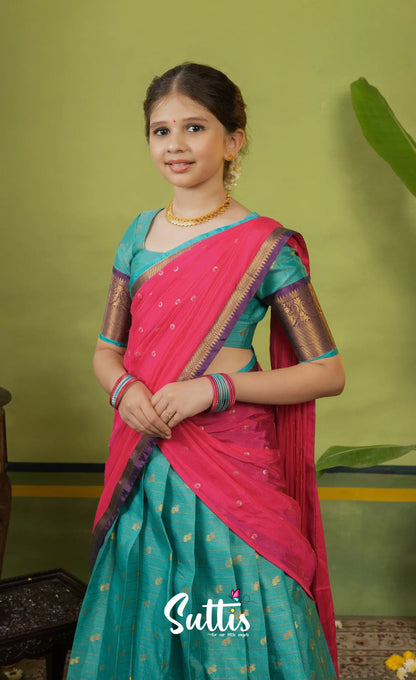 Kumaari Half Saree - Teal blue and Bright pink - Kids-Suttis