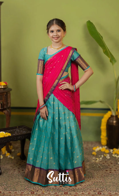 Kumaari Half Saree - Teal blue and Bright pink - Kids-Suttis