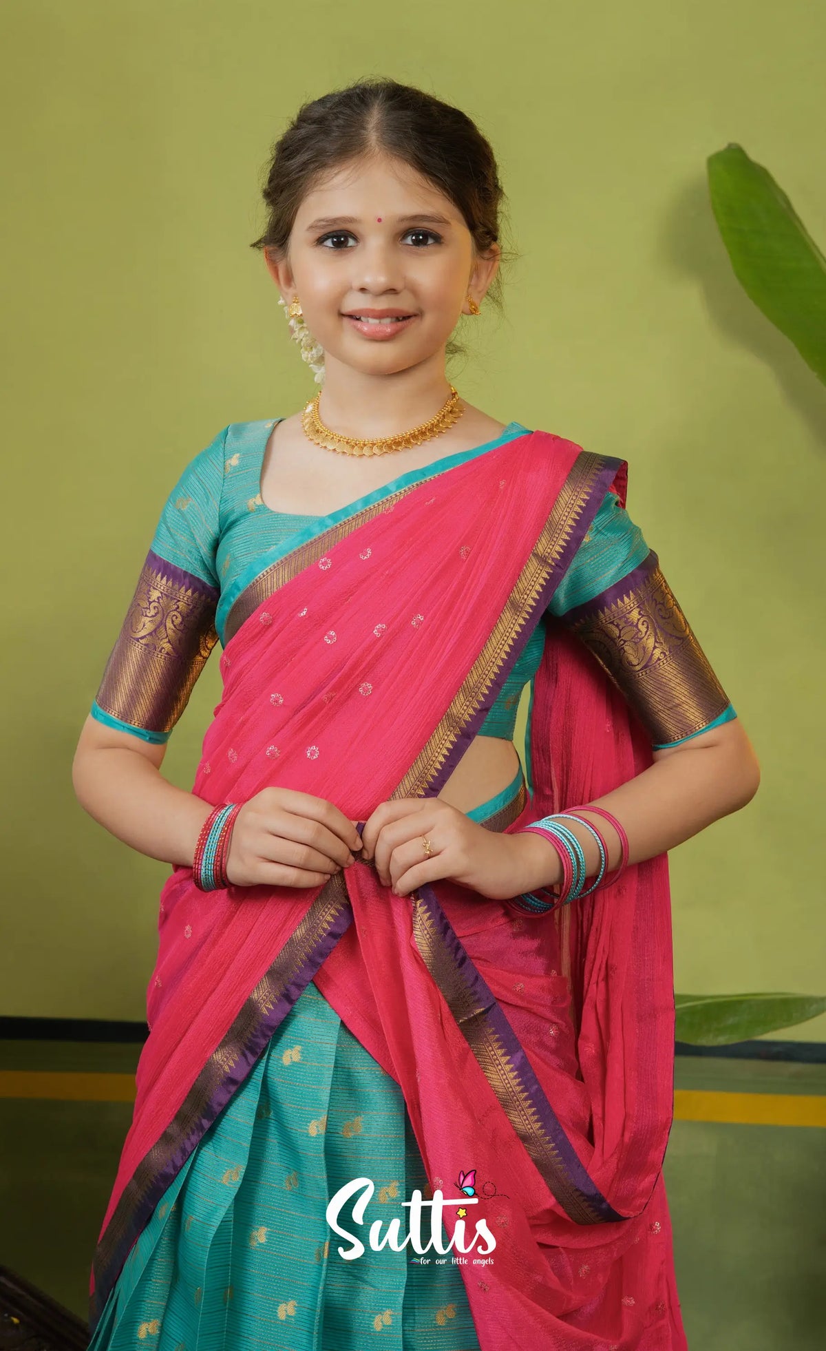 Kumaari Half Saree - Teal blue and Bright pink - Kids-Suttis