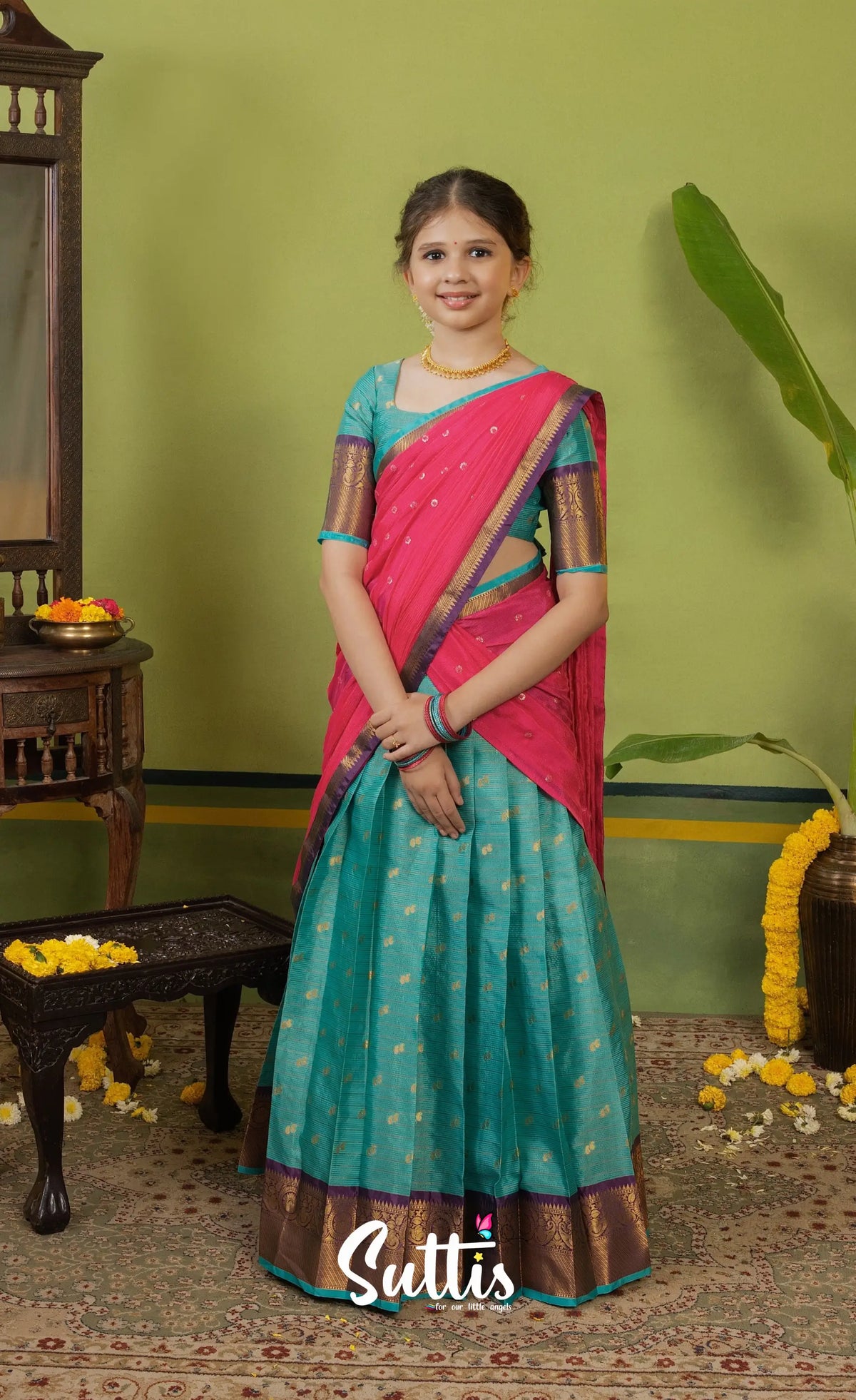 Kumaari Half Saree - Teal blue and Bright pink - Kids-Suttis