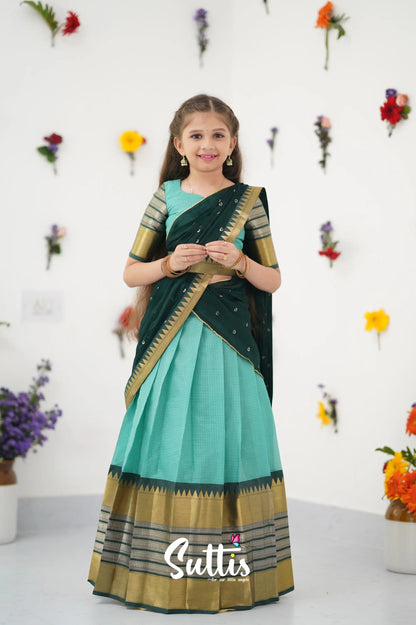 Kumaari Half Saree - Teal Green And Dark Kids - Suttis