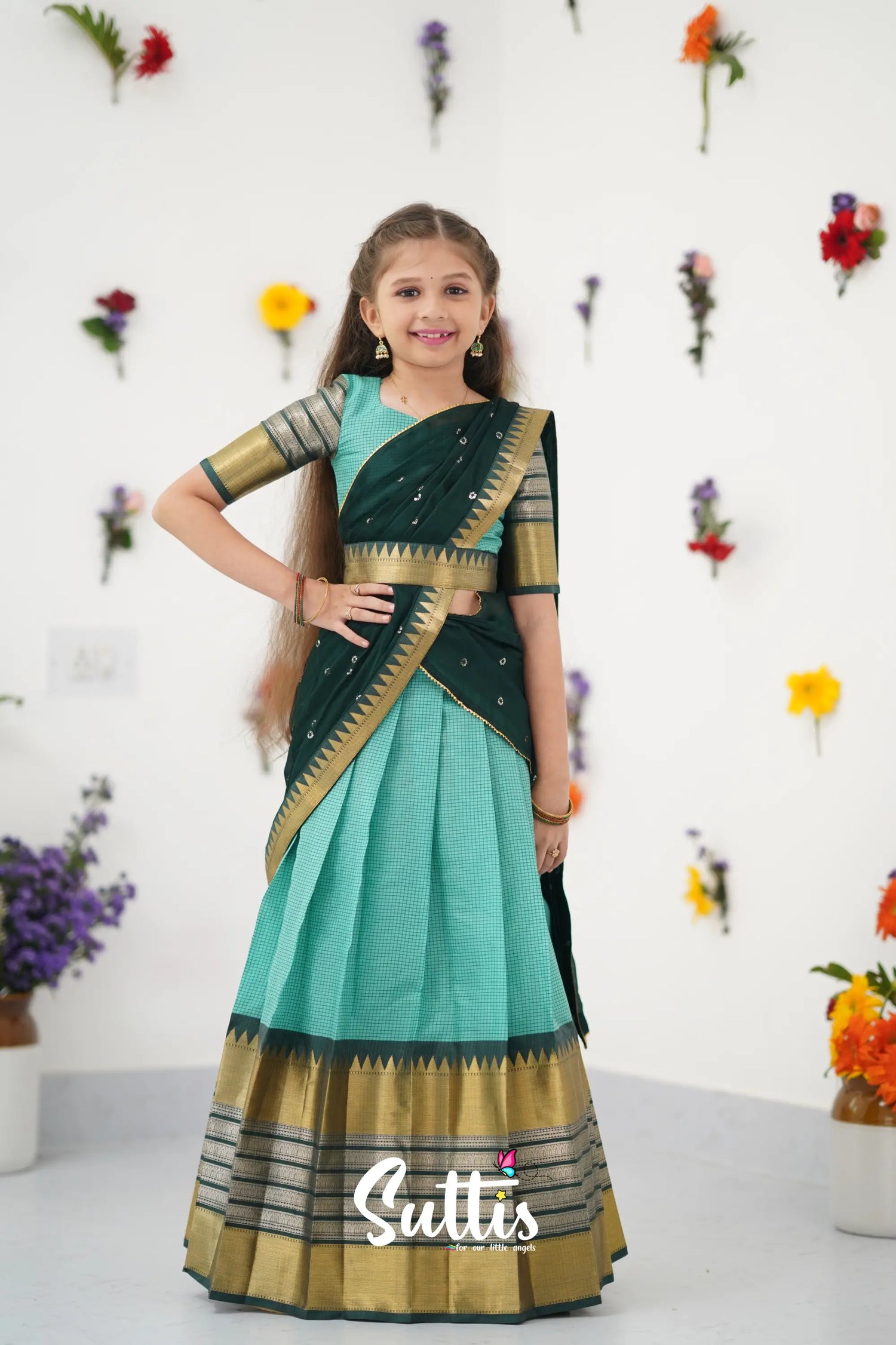 Kumaari Half Saree - Teal Green And Dark Kids - Suttis